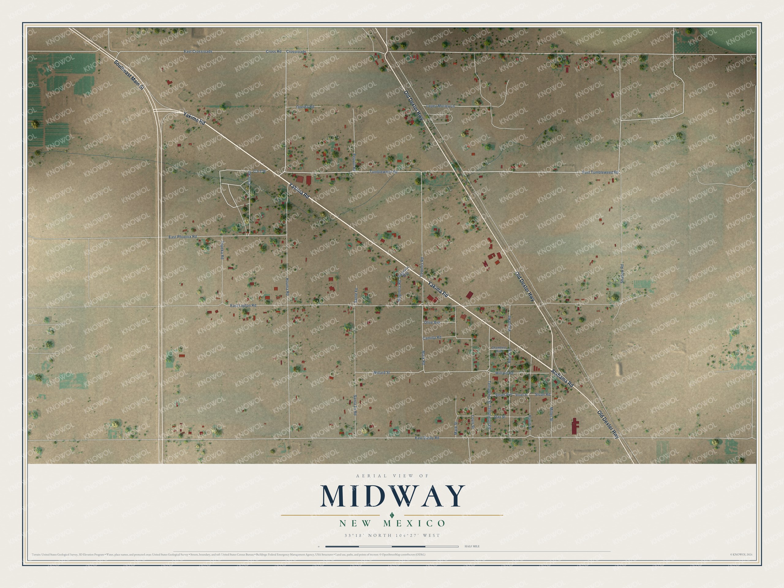 Full map of Midway, New Mexico, with red buildings, printed street names and the land around them