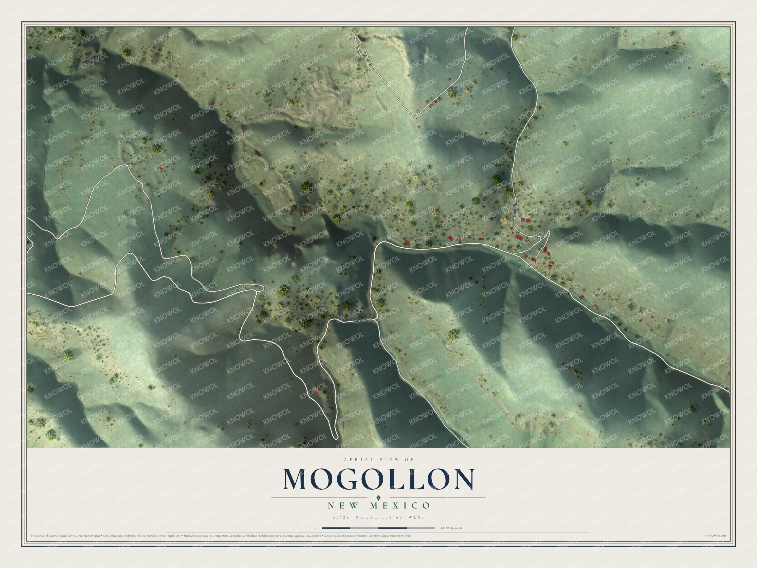 Full map of Mogollon, New Mexico, with red buildings, printed street names and the land around them