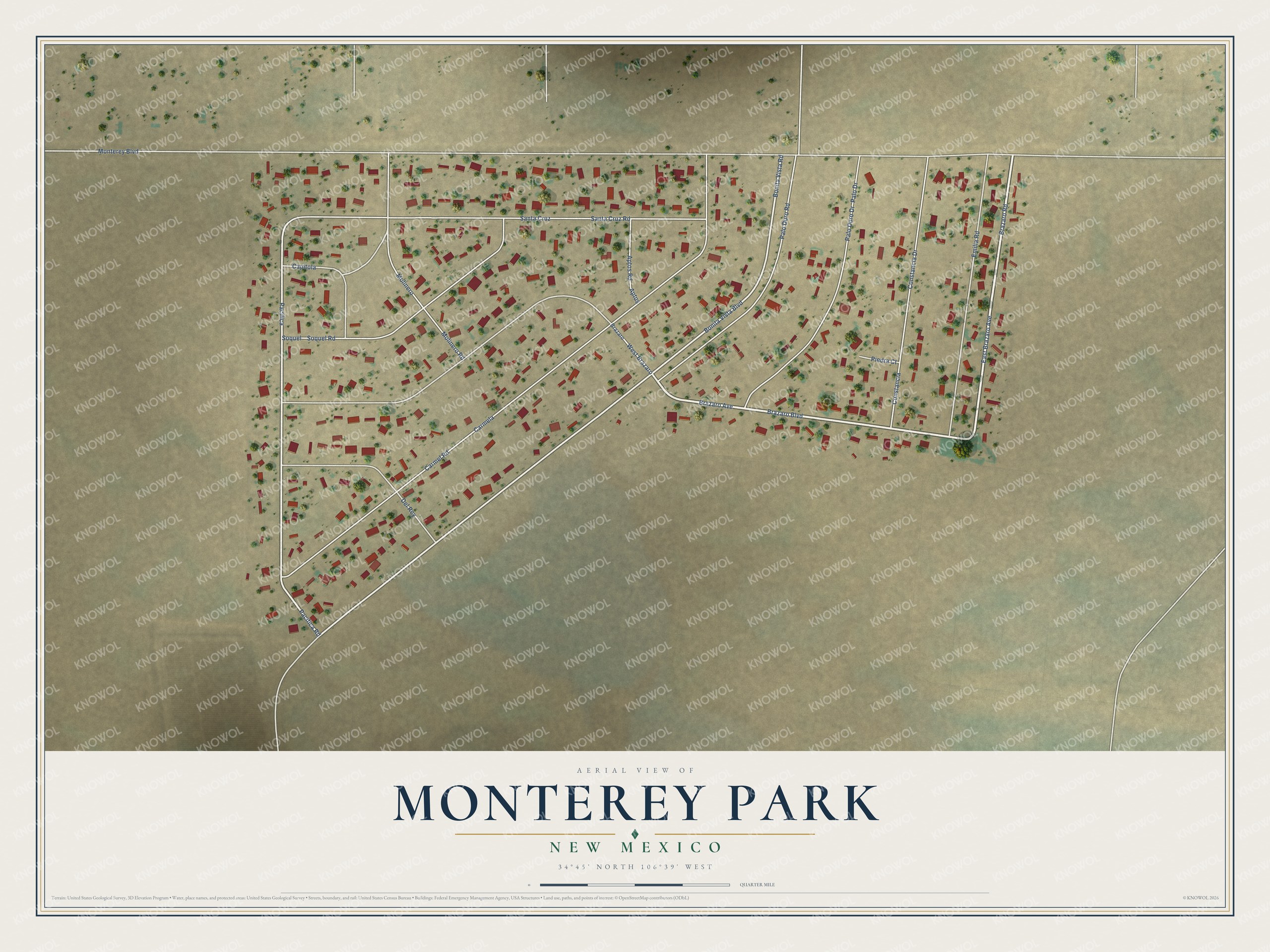 Full map of Monterey Park, New Mexico, with red buildings, printed street names and the land around them