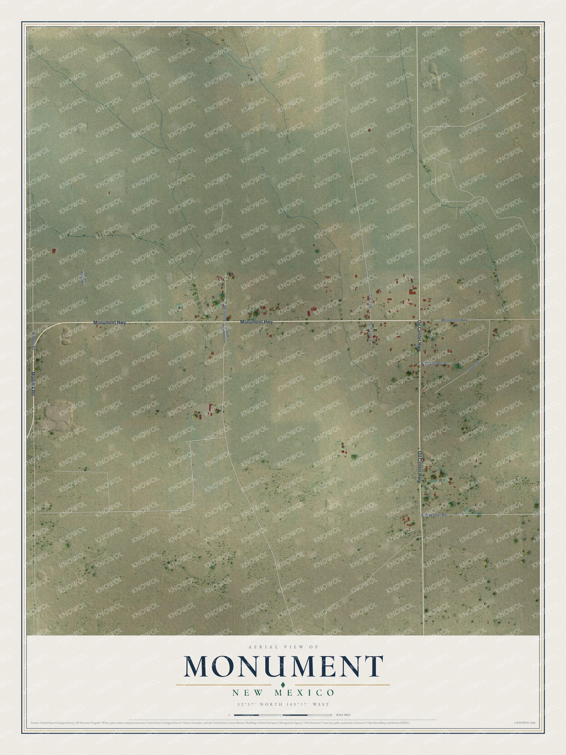 Full map of Monument, New Mexico, with red buildings, printed street names and the land around them