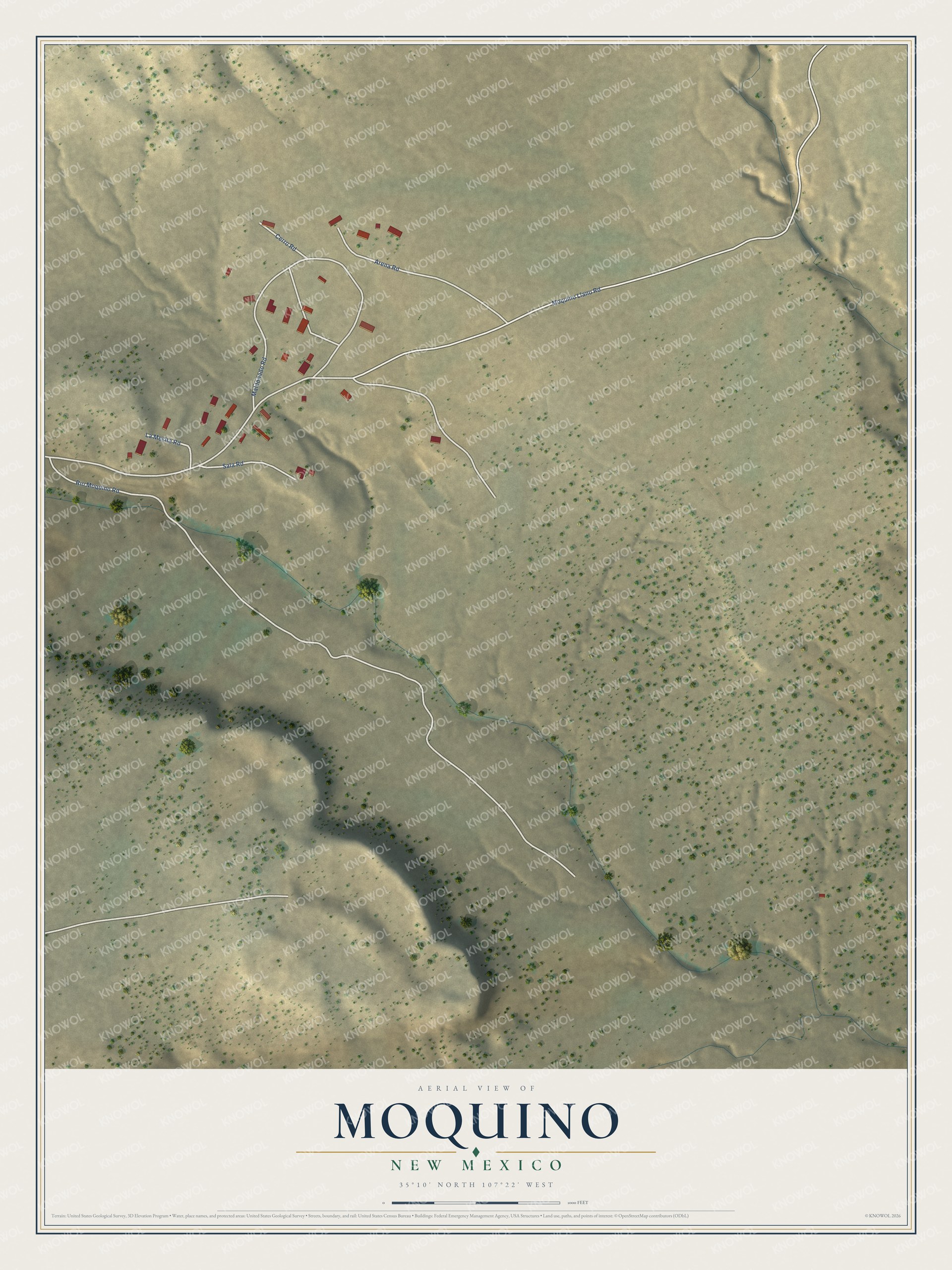 Full map of Moquino, New Mexico, with red buildings, printed street names and the land around them
