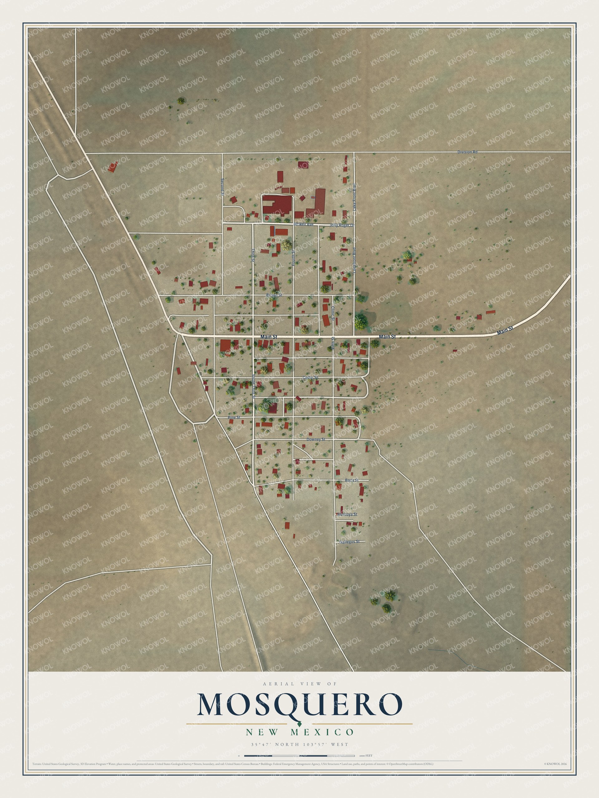 Full map of Mosquero, New Mexico, with red buildings, printed street names and the land around them