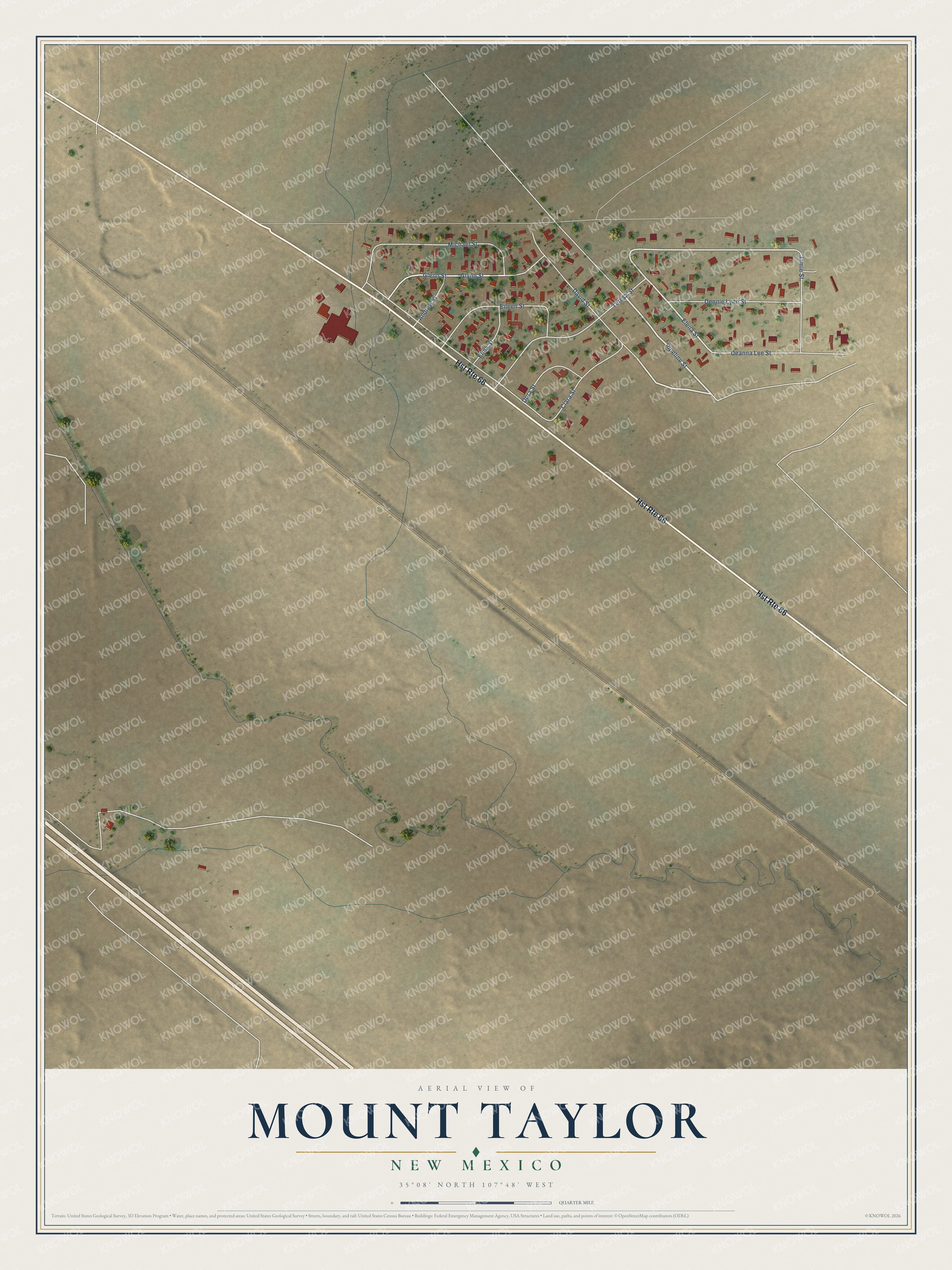Full map of Mount Taylor, New Mexico, with red buildings, printed street names and the land around them