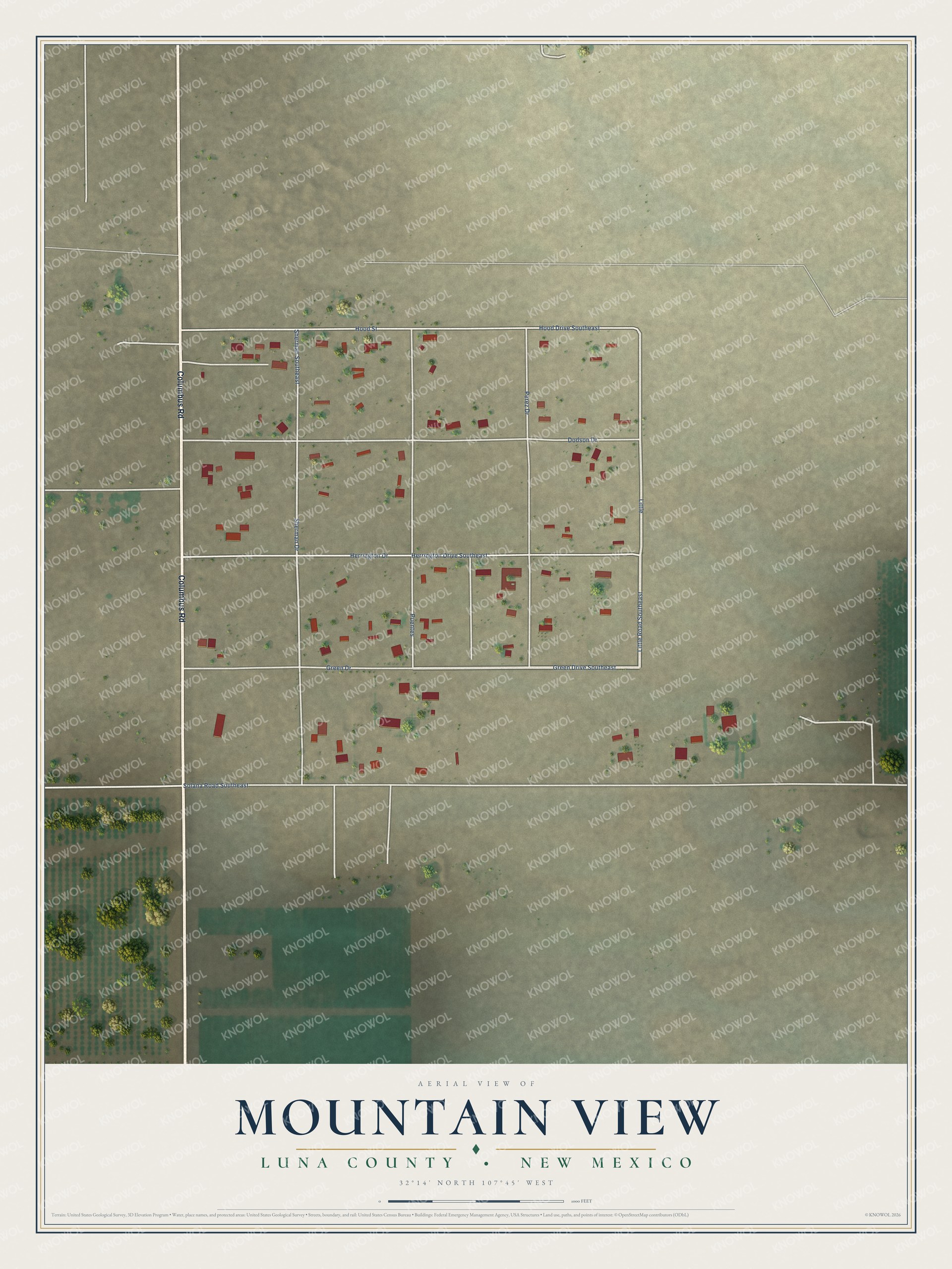 Full map of Mountain View, New Mexico, with red buildings, printed street names and the land around them