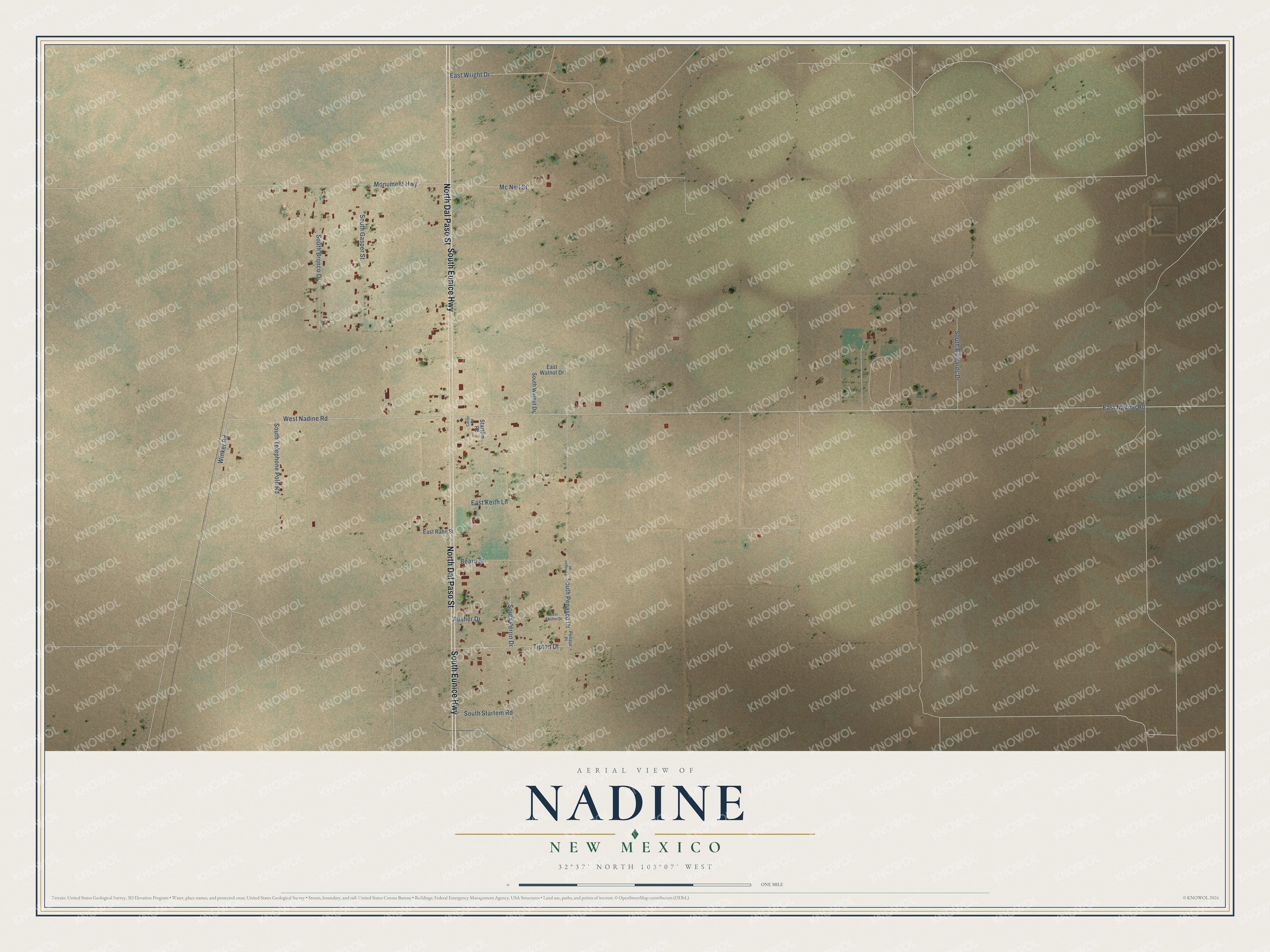 Full map of Nadine, New Mexico, with red buildings, printed street names and the land around them