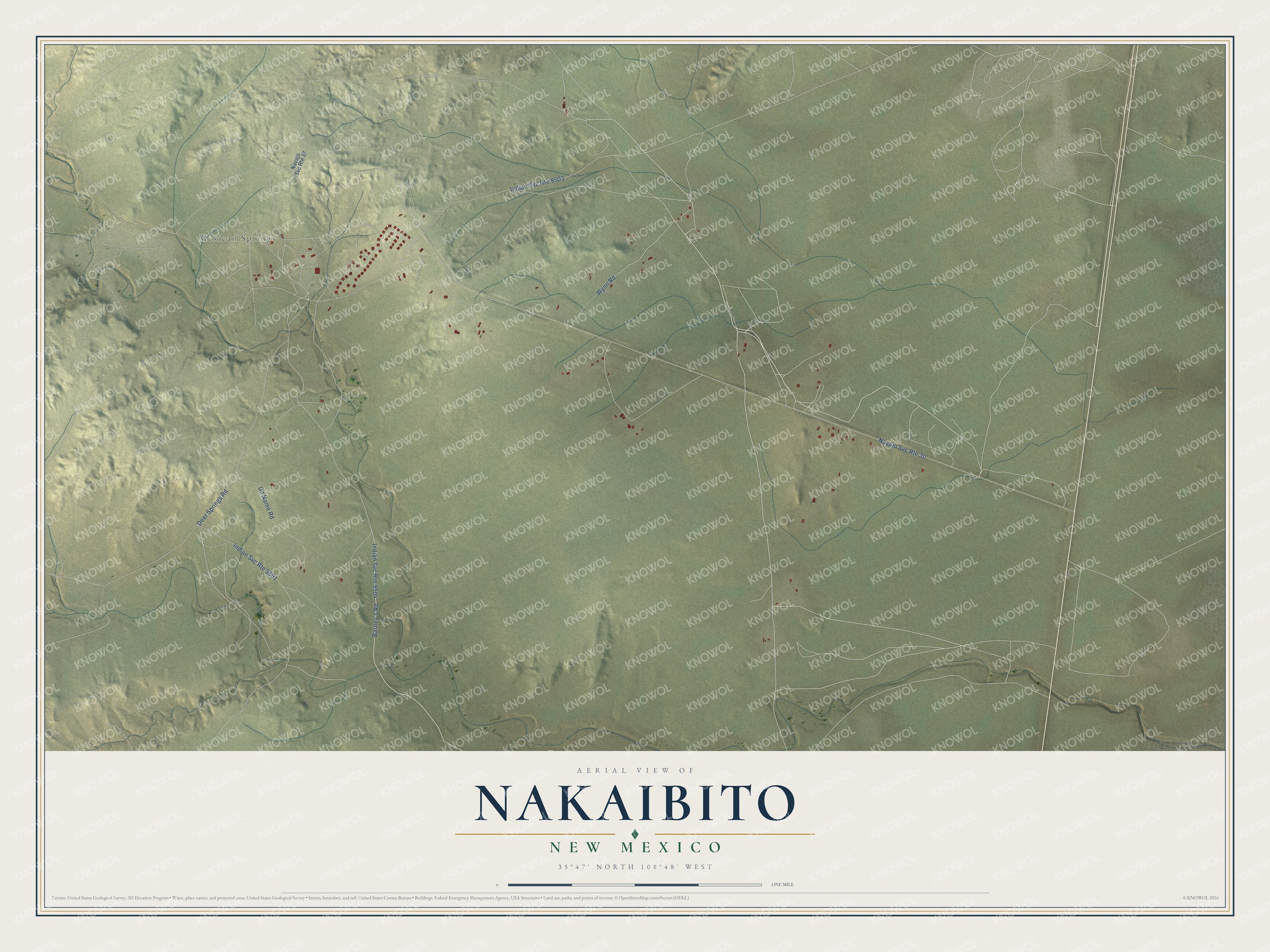 Full map of Nakaibito, New Mexico, with red buildings, printed street names and the land around them