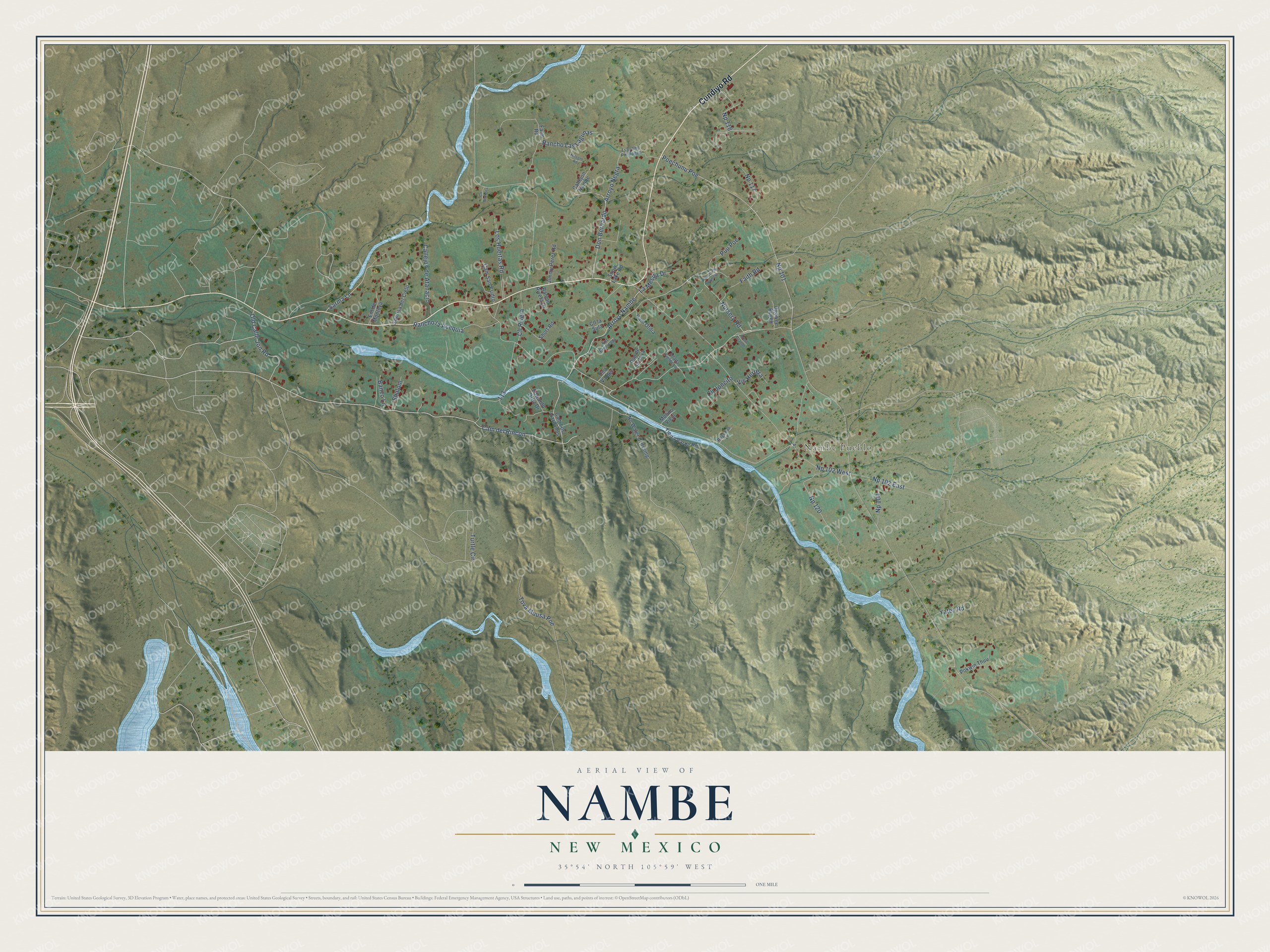 Full map of Nambe, New Mexico, with red buildings, printed street names and the land around them