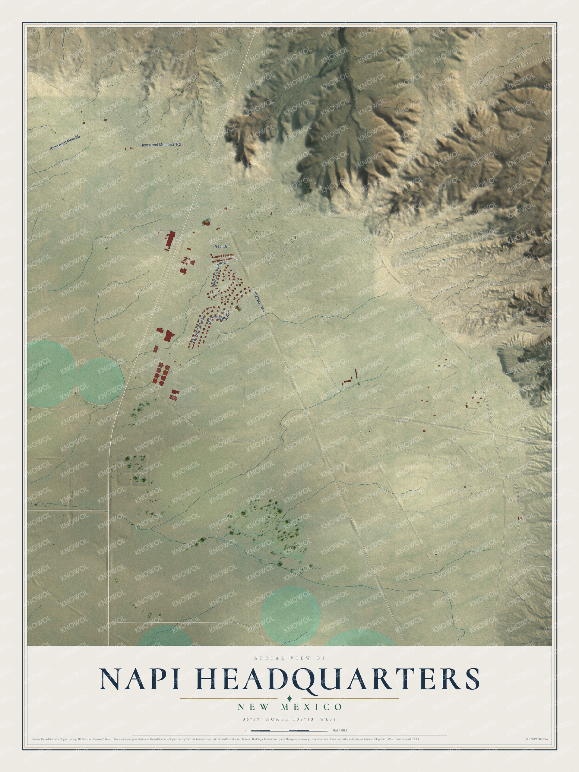 Full map of Napi Headquarters, New Mexico, with red buildings, printed street names and the land around them