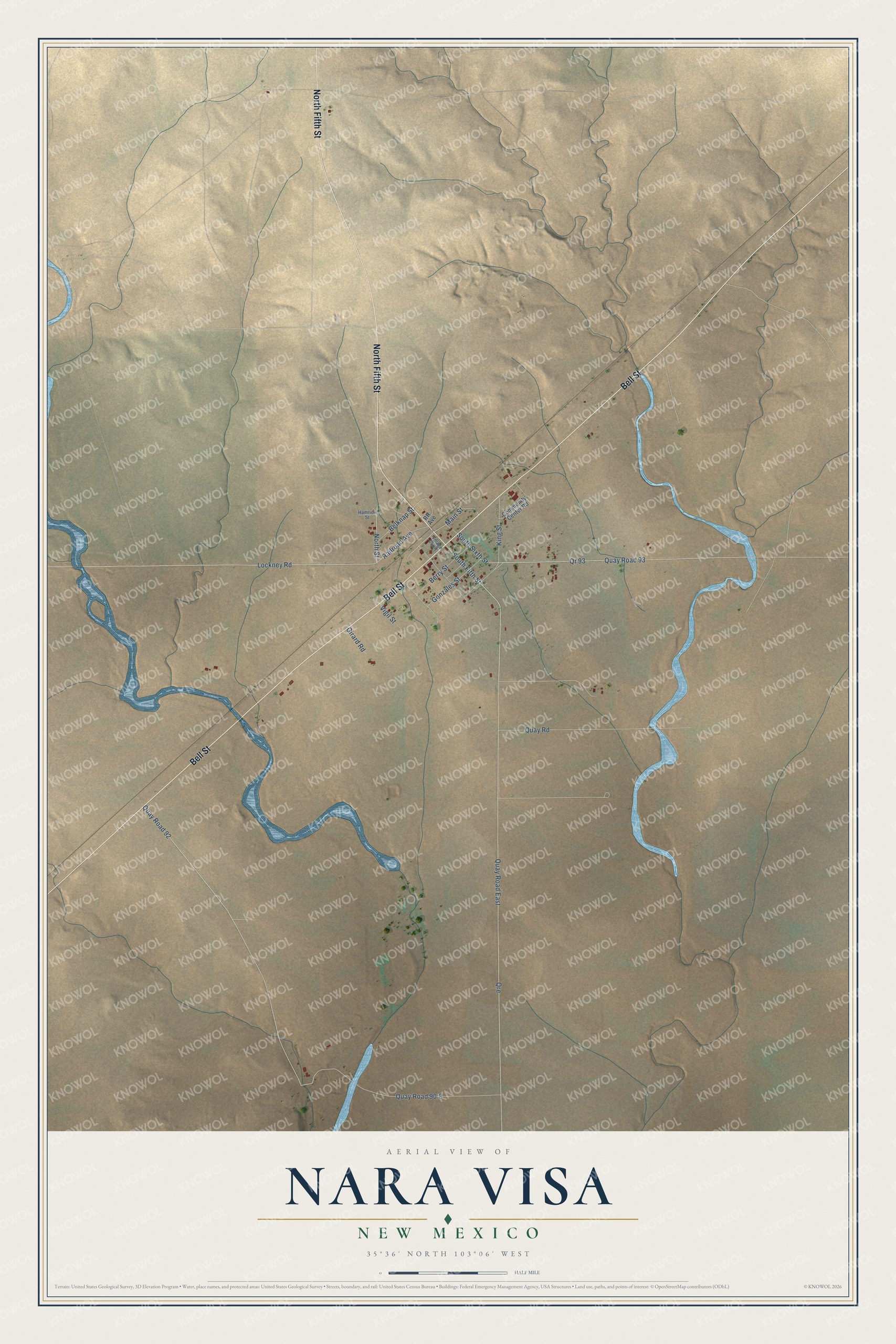 Full map of Nara Visa, New Mexico, with red buildings, printed street names and the land around them