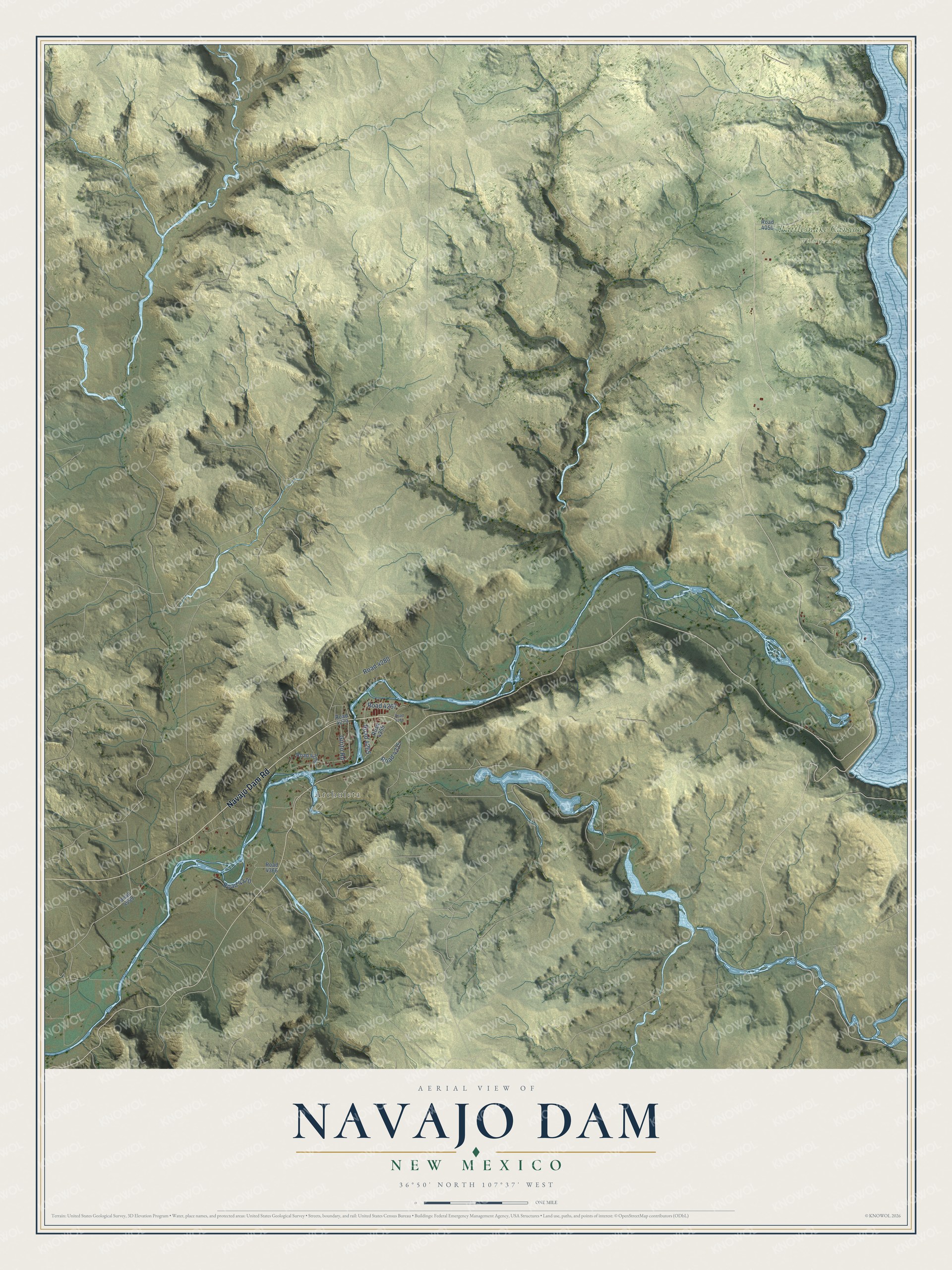 Full map of Navajo Dam, New Mexico, with red buildings, printed street names and the land around them