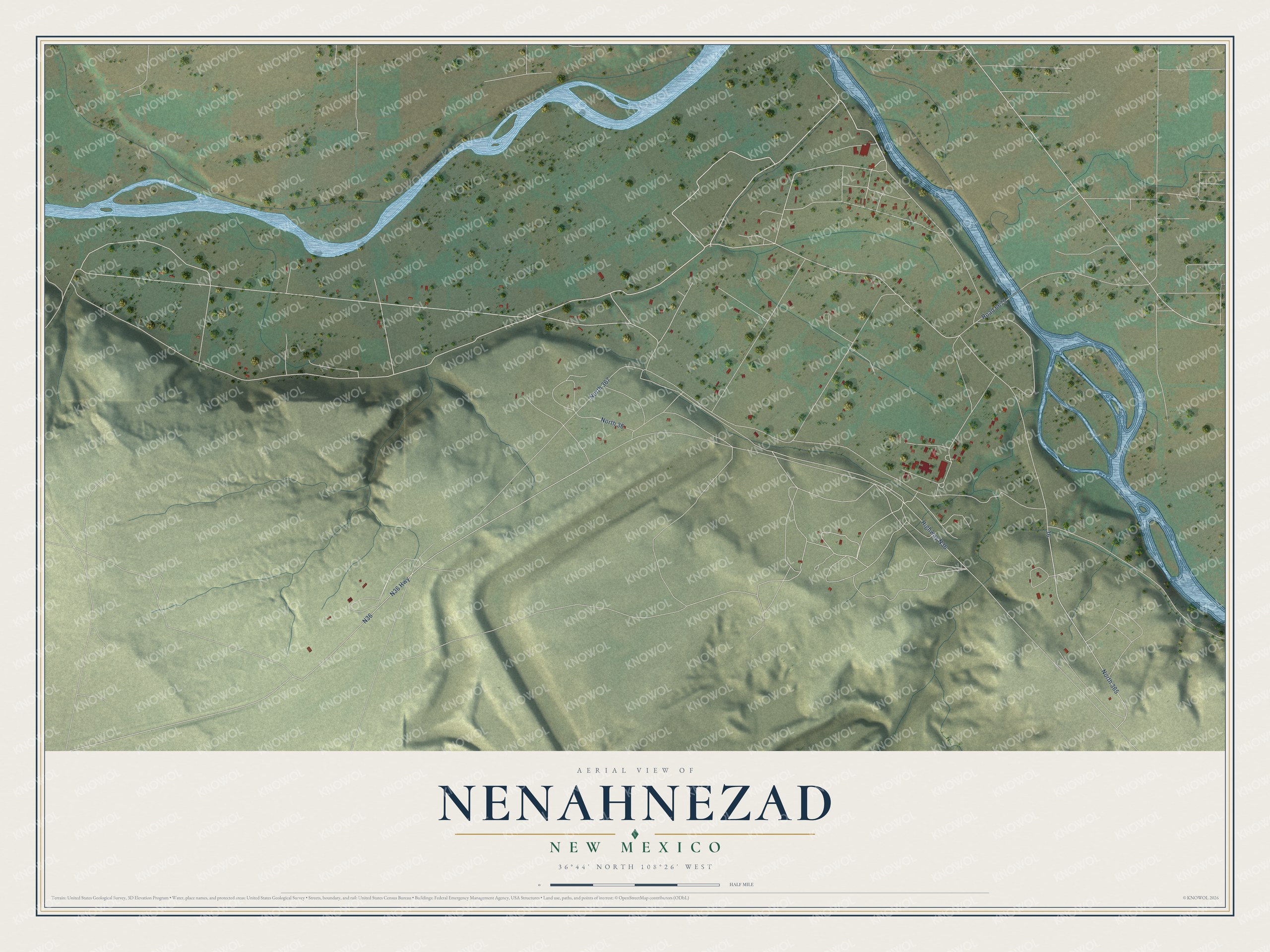 Full map of Nenahnezad, New Mexico, with red buildings, printed street names and the land around them