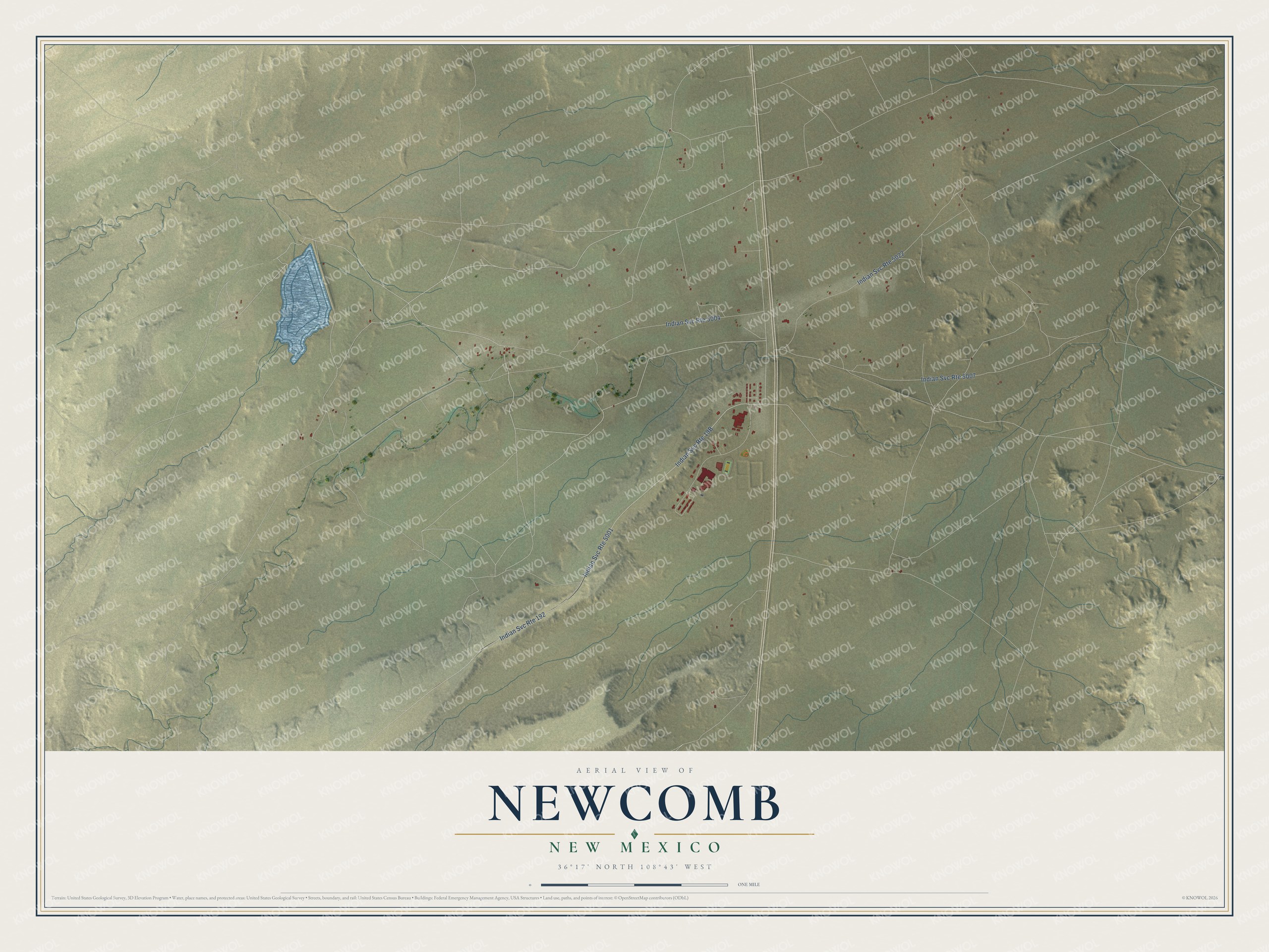 Full map of Newcomb, New Mexico, with red buildings, printed street names and the land around them