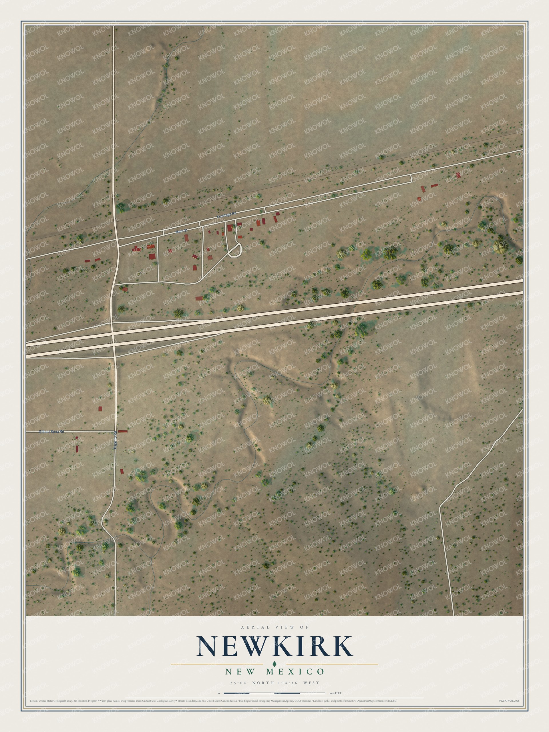 Full map of Newkirk, New Mexico, with red buildings, printed street names and the land around them