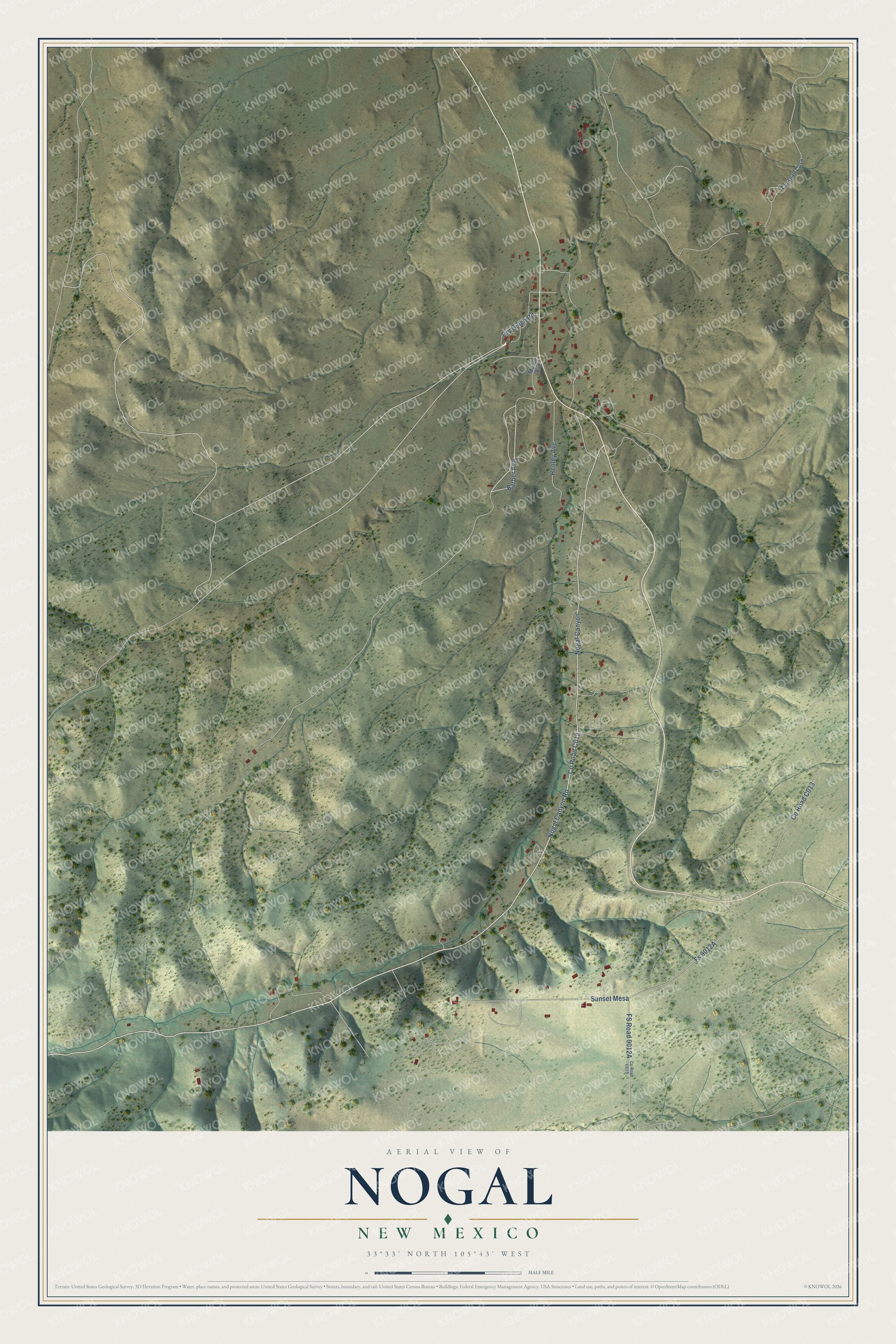 Full map of Nogal, New Mexico, with red buildings, printed street names and the land around them