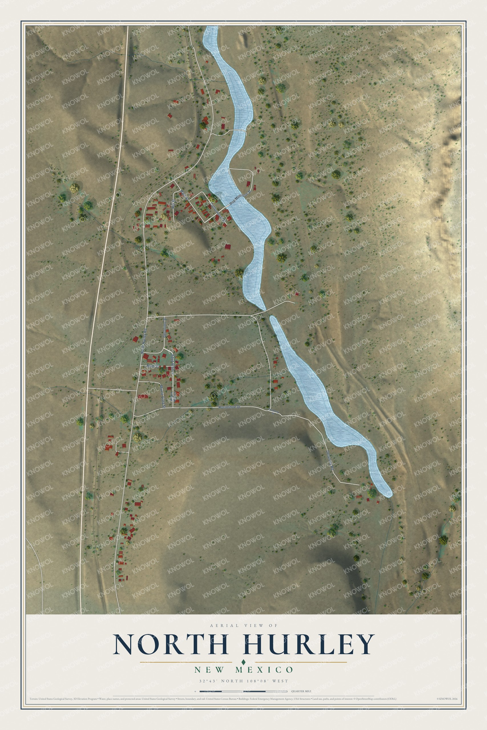Full map of North Hurley, New Mexico, with red buildings, printed street names and the land around them
