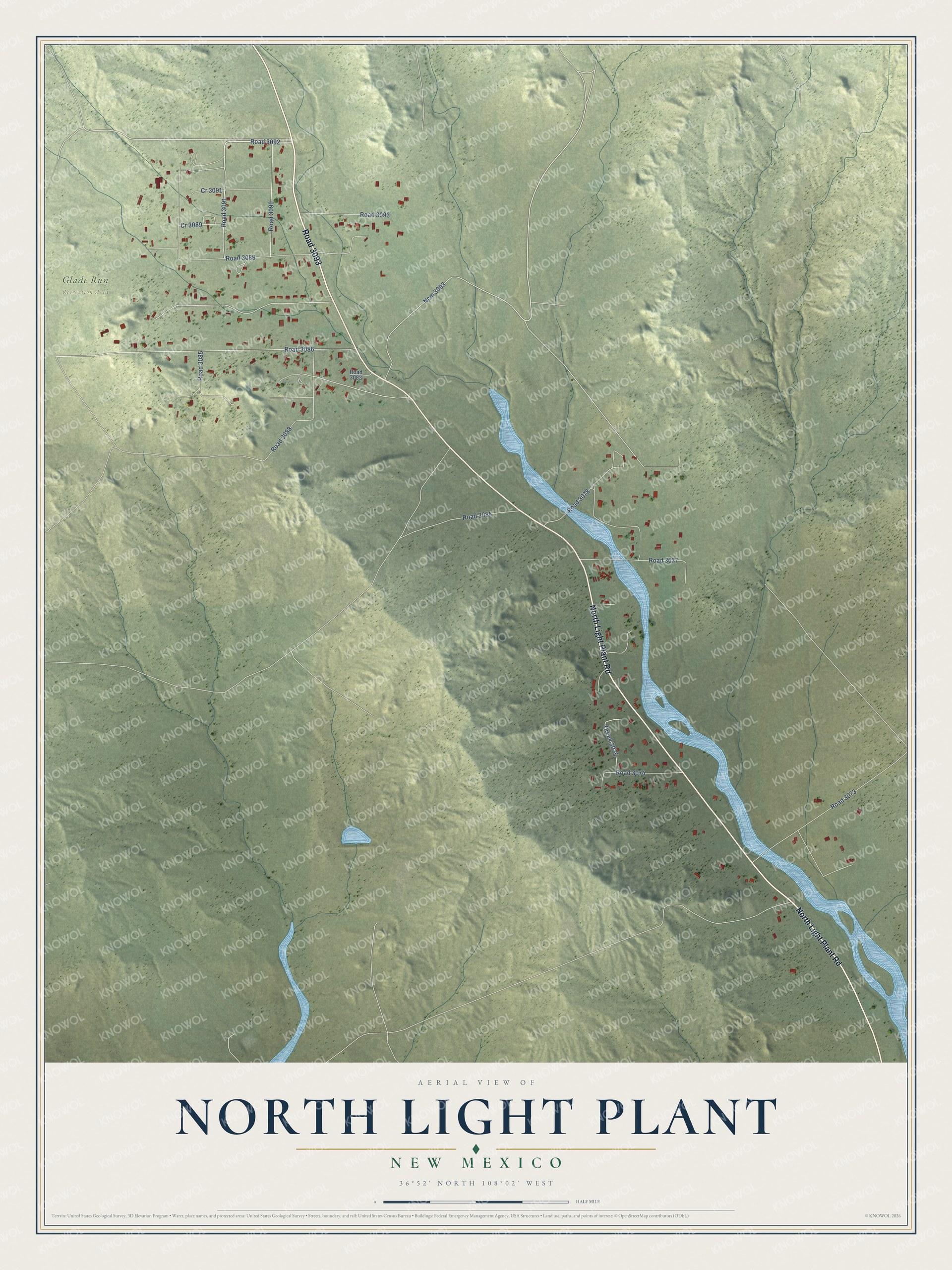 Full map of North Light Plant, New Mexico, with red buildings, printed street names and the land around them