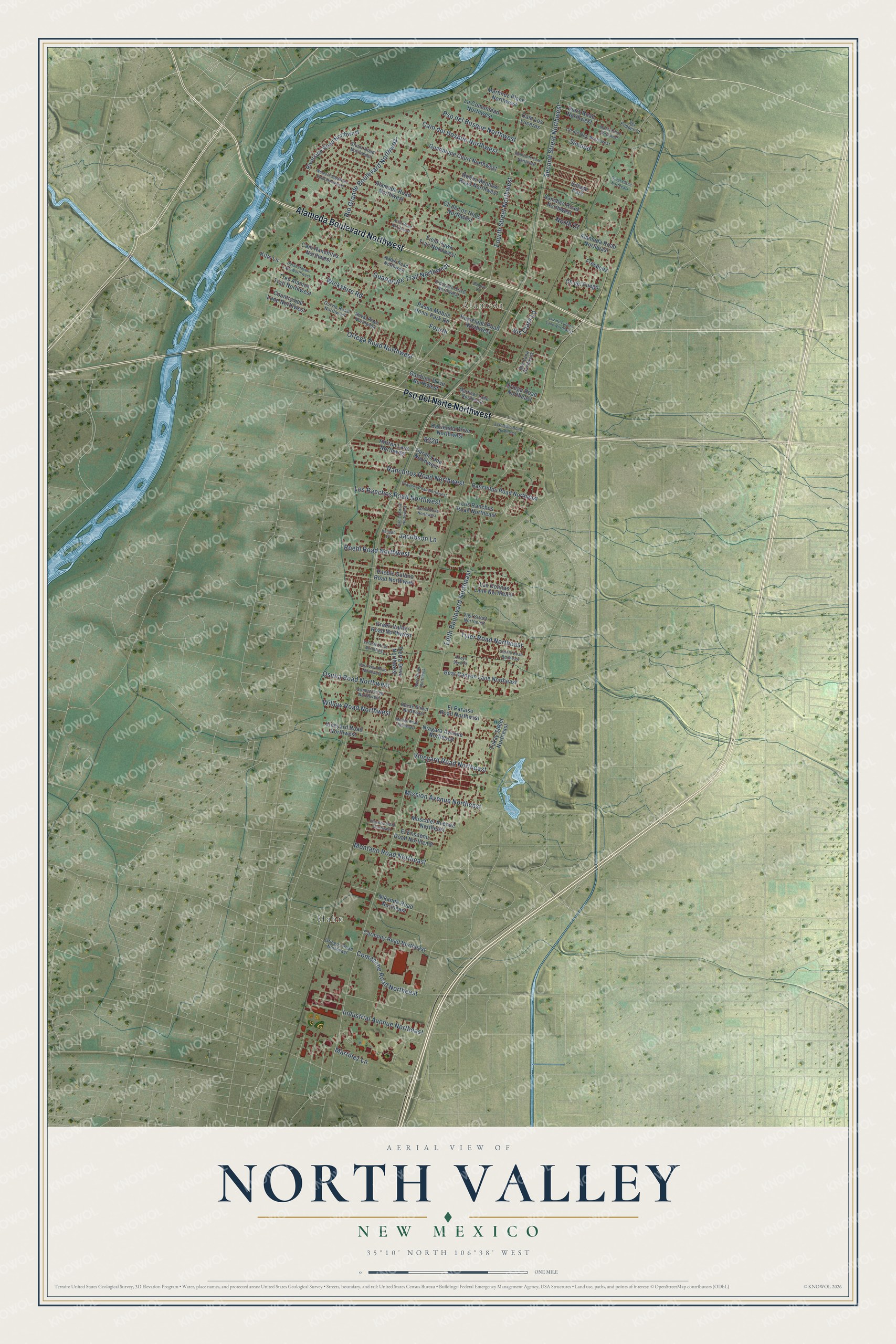 Full map of North Valley, New Mexico, with red buildings, printed street names and the land around them