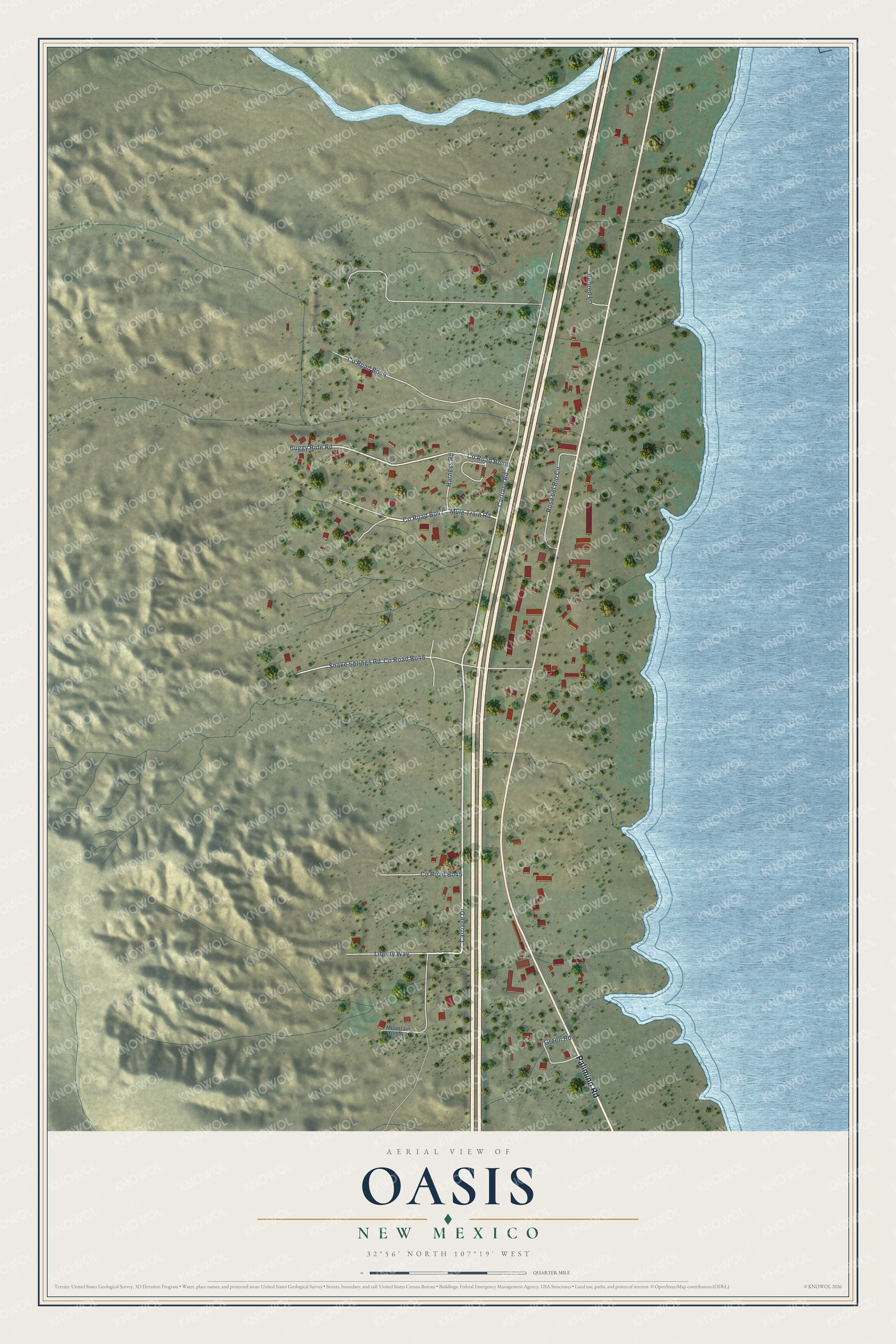 Full map of Oasis, New Mexico, with red buildings, printed street names and the land around them