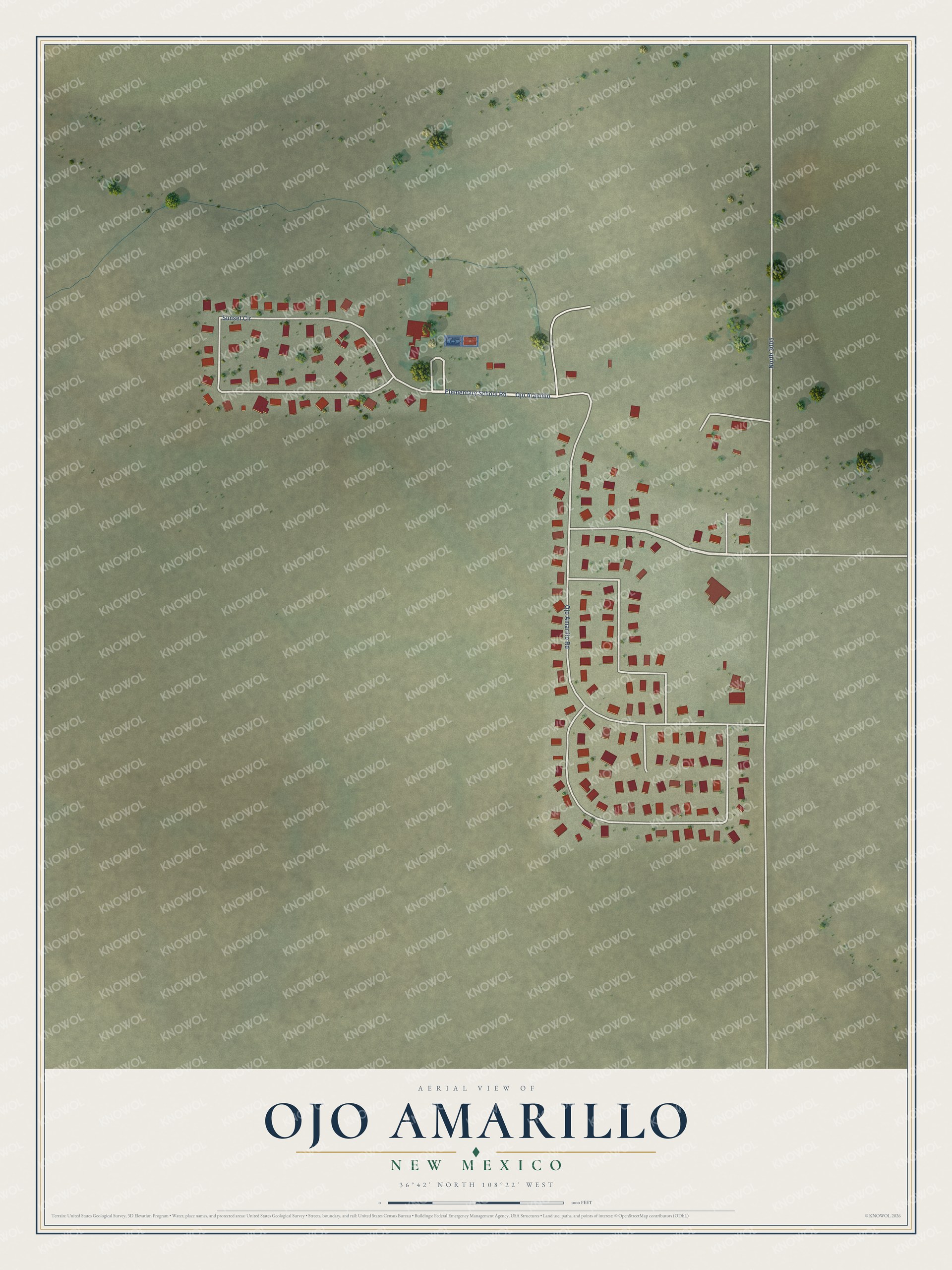 Full map of Ojo Amarillo, New Mexico, with red buildings, printed street names and the land around them