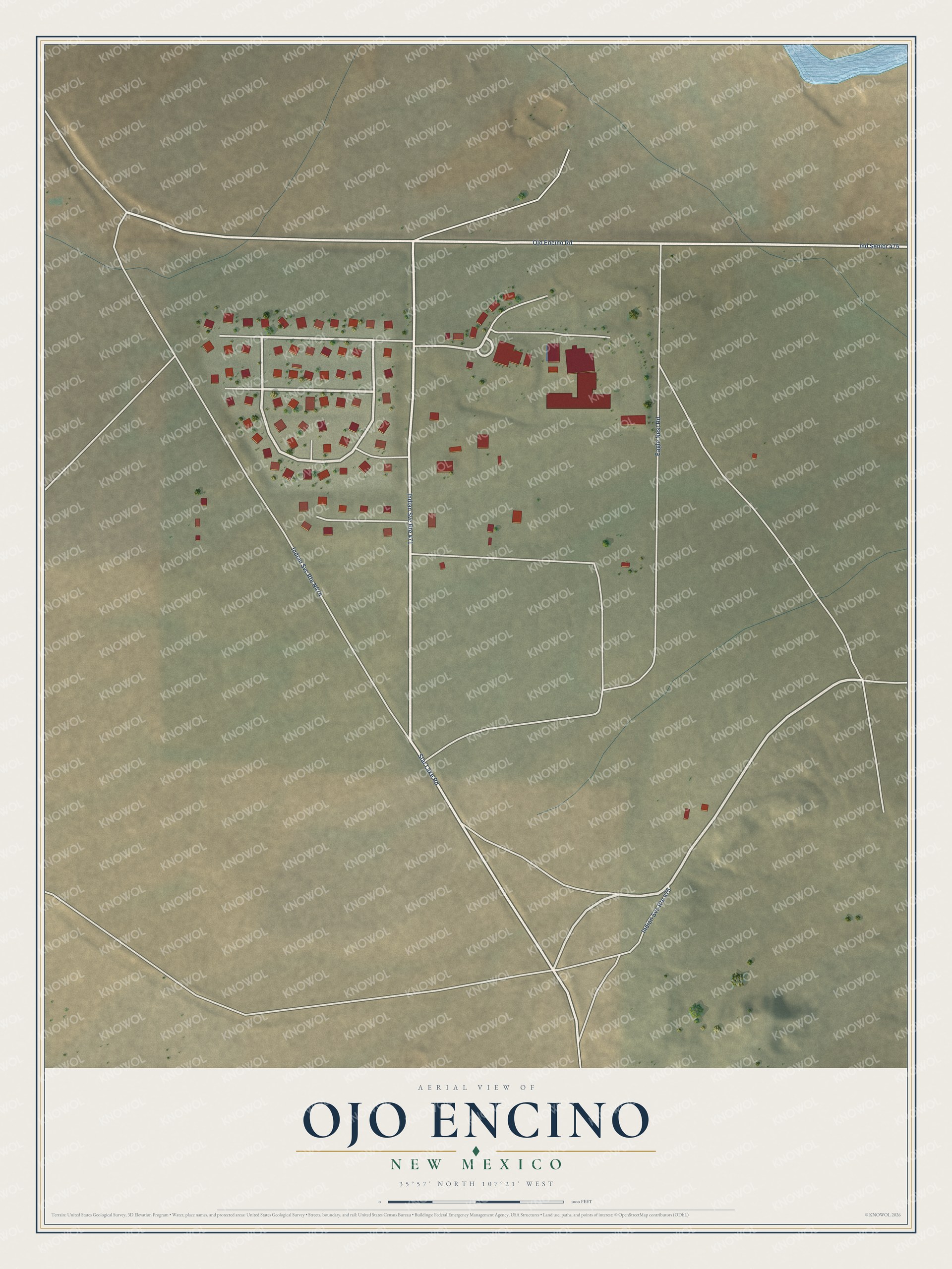 Full map of Ojo Encino, New Mexico, with red buildings, printed street names and the land around them