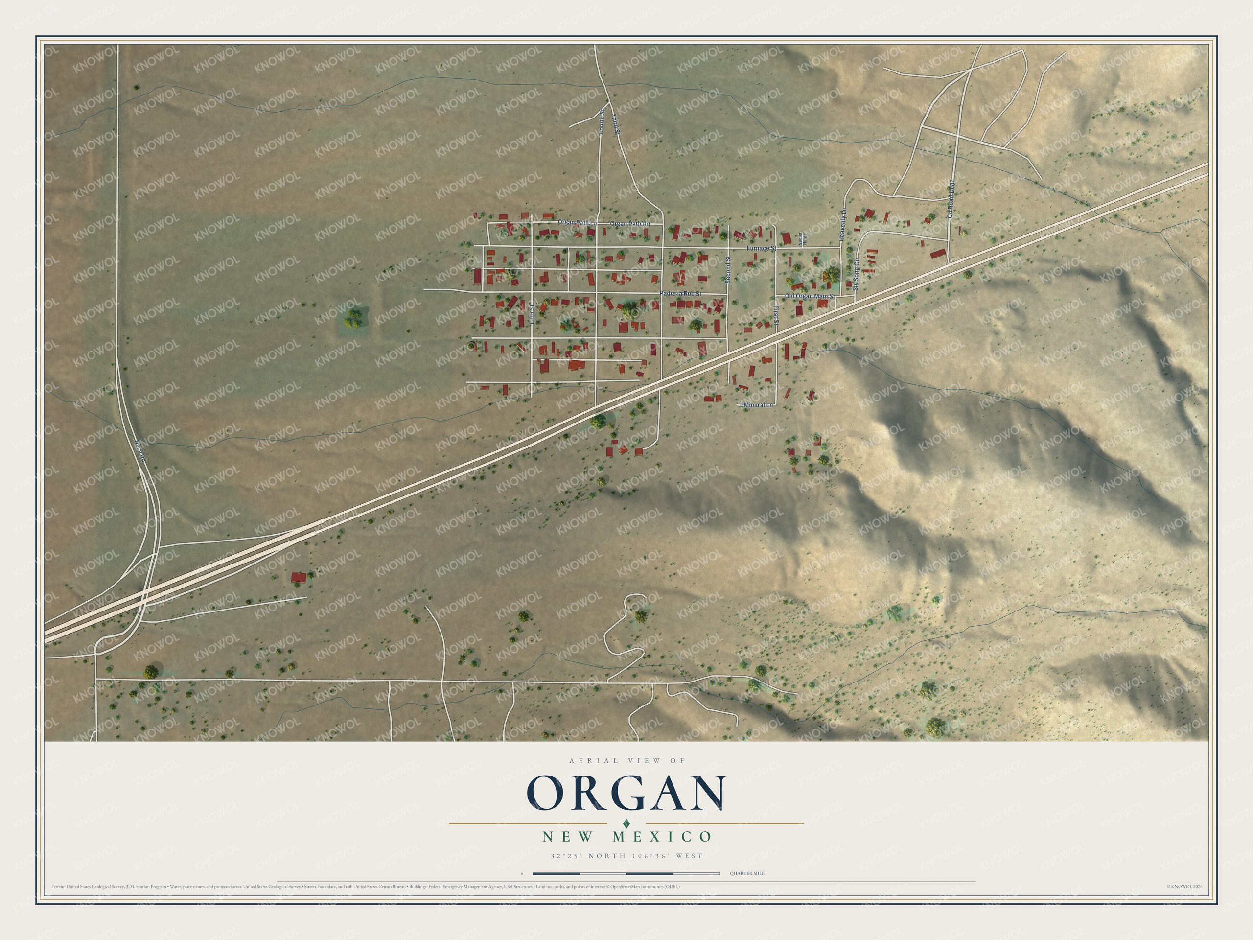 Full map of Organ, New Mexico, with red buildings, printed street names and the land around them