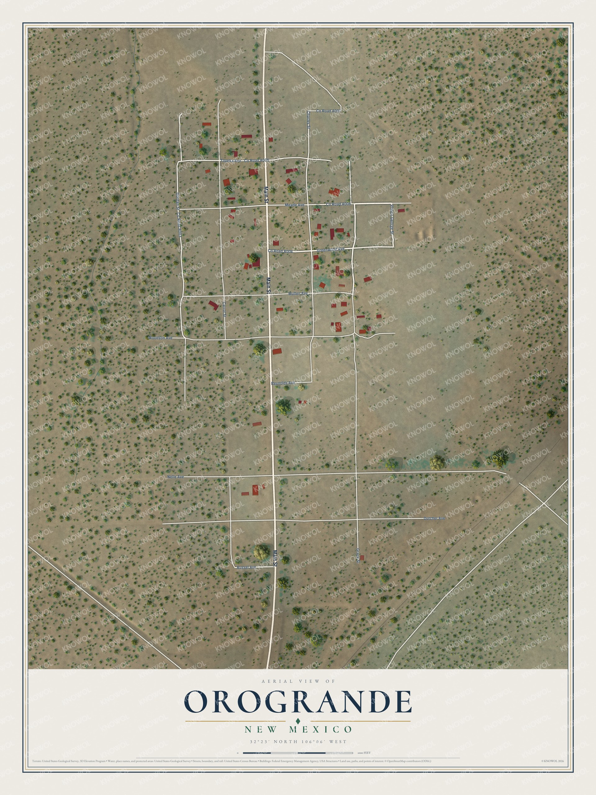Full map of Orogrande, New Mexico, with red buildings, printed street names and the land around them