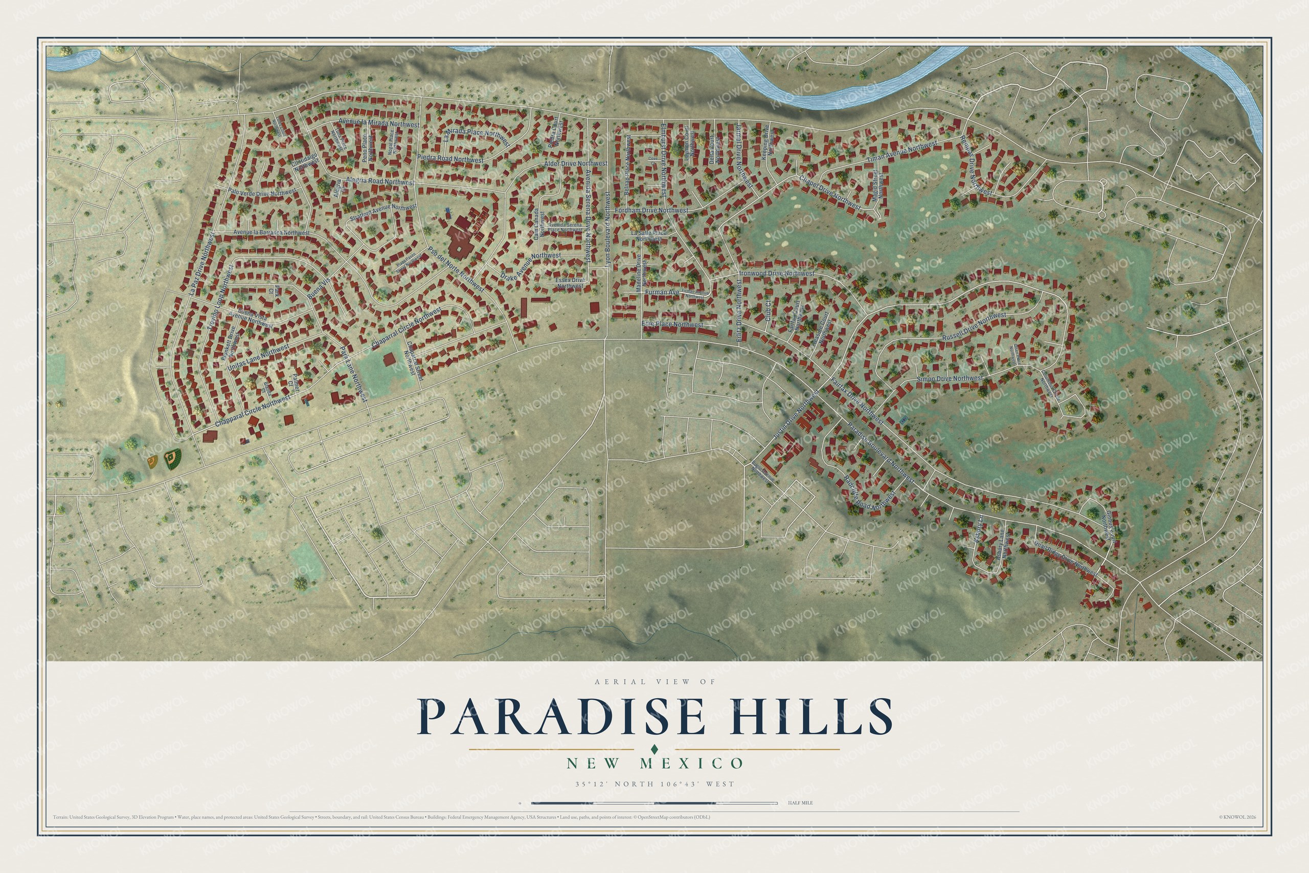 Full map of Paradise Hills, New Mexico, with red buildings, printed street names and the land around them