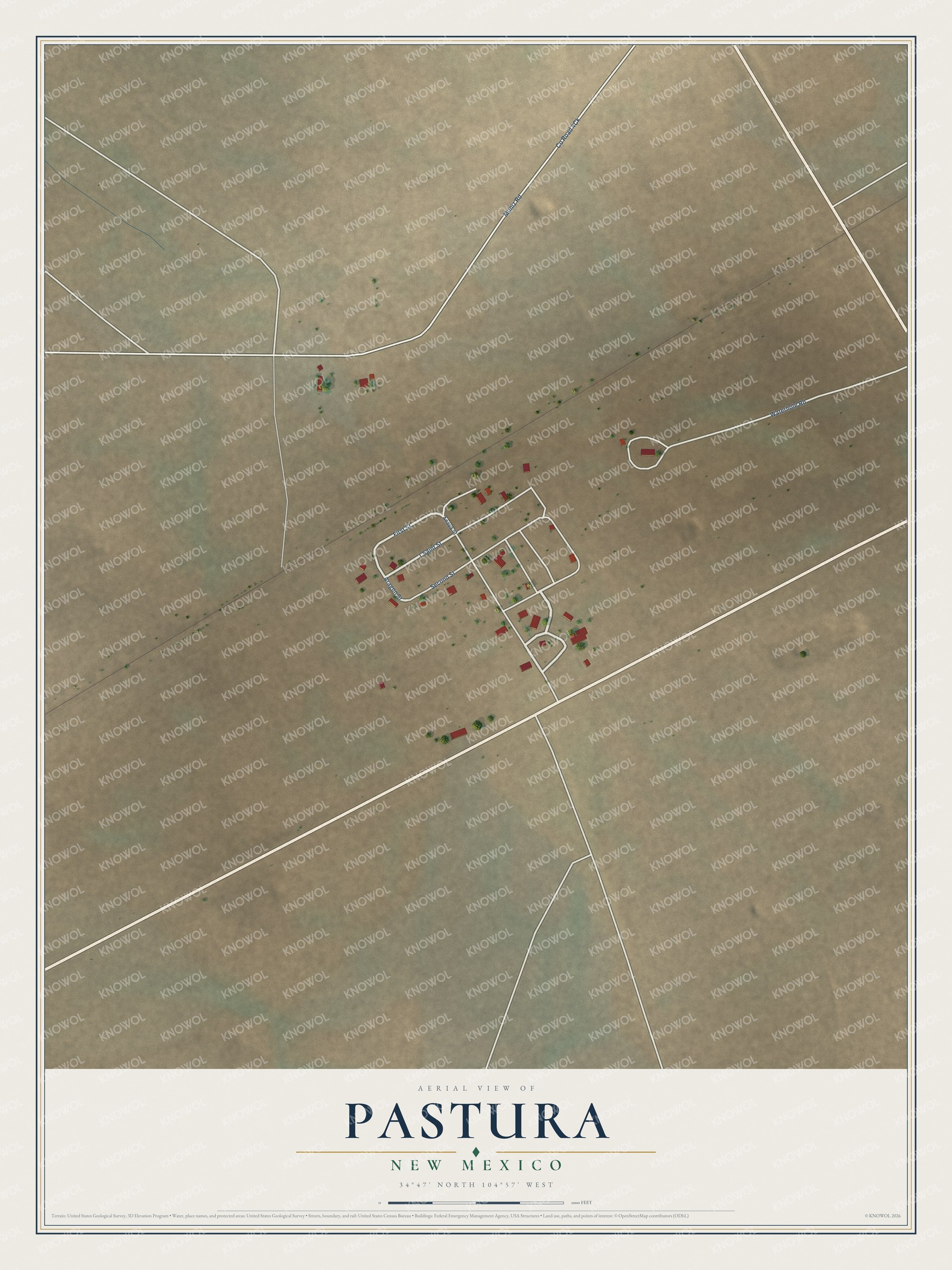 Full map of Pastura, New Mexico, with red buildings, printed street names and the land around them