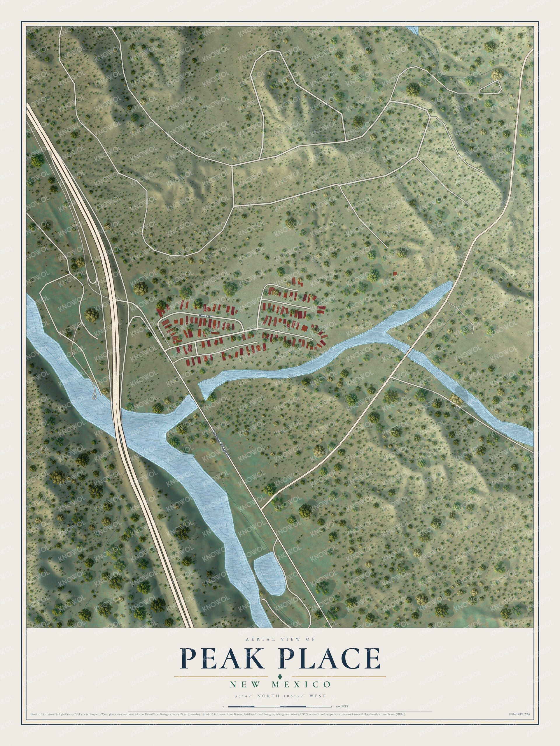 Full map of Peak Place, New Mexico, with red buildings, printed street names and the land around them