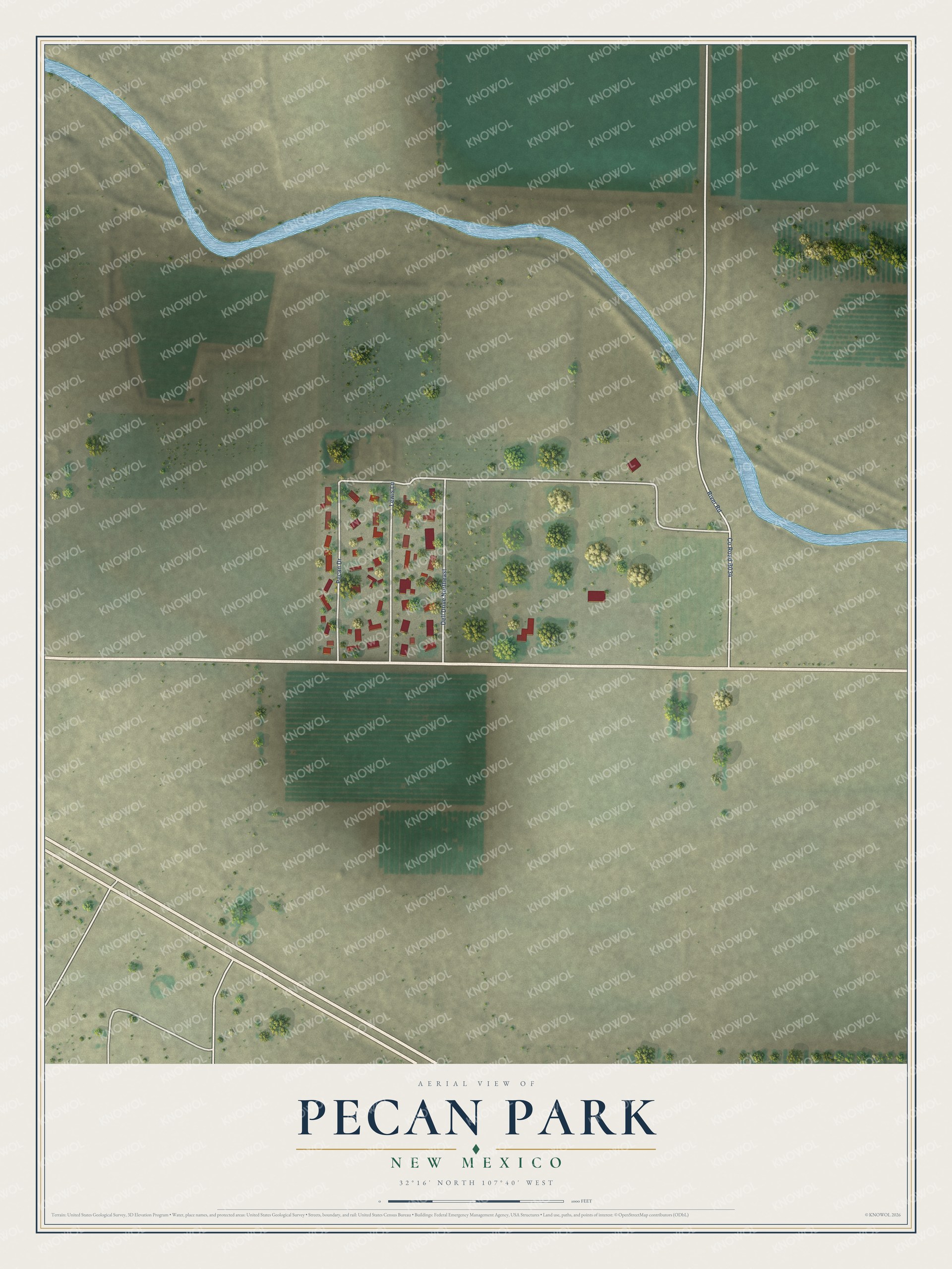Full map of Pecan Park, New Mexico, with red buildings, printed street names and the land around them