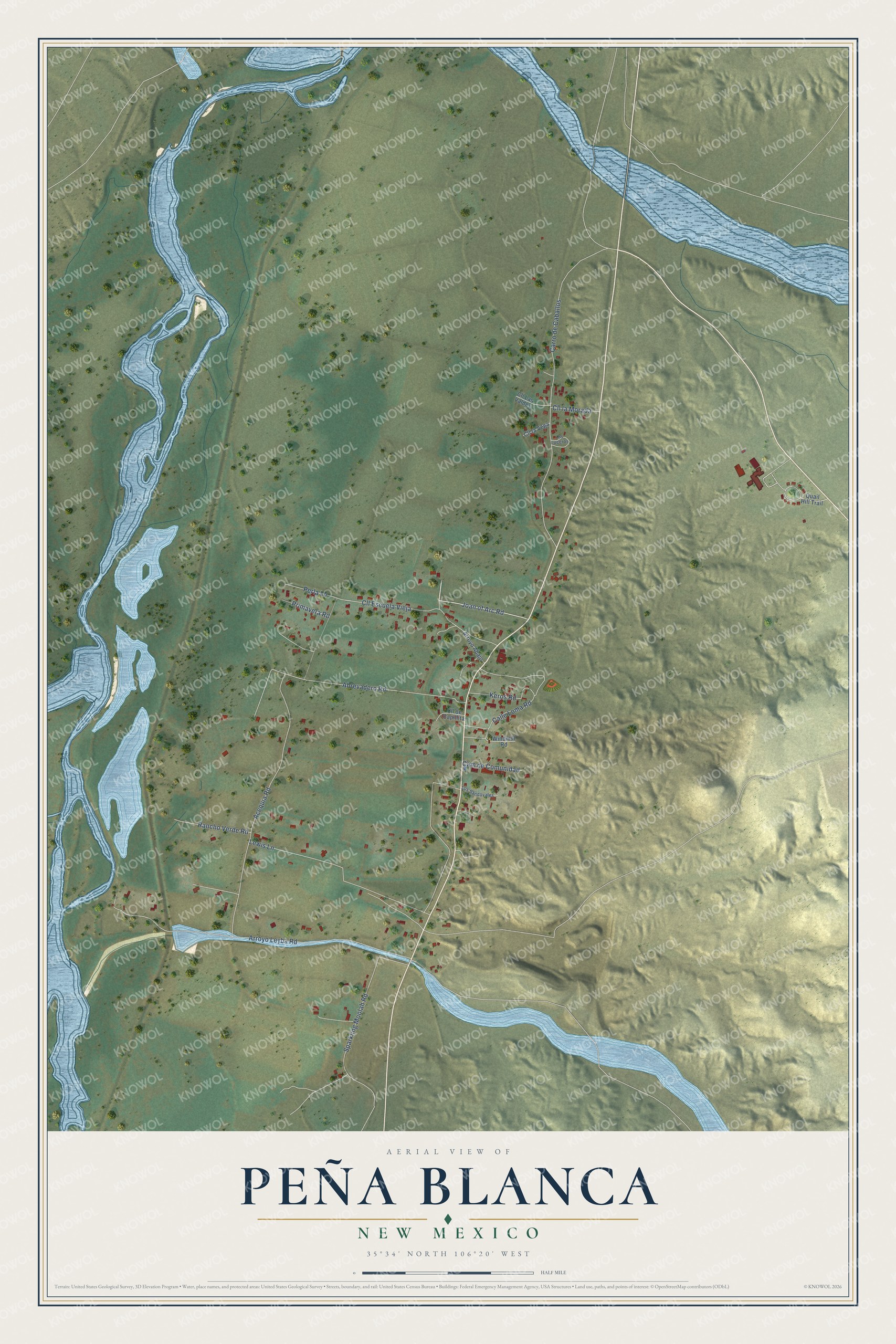 Full map of Peña Blanca, New Mexico, with red buildings, printed street names and the land around them