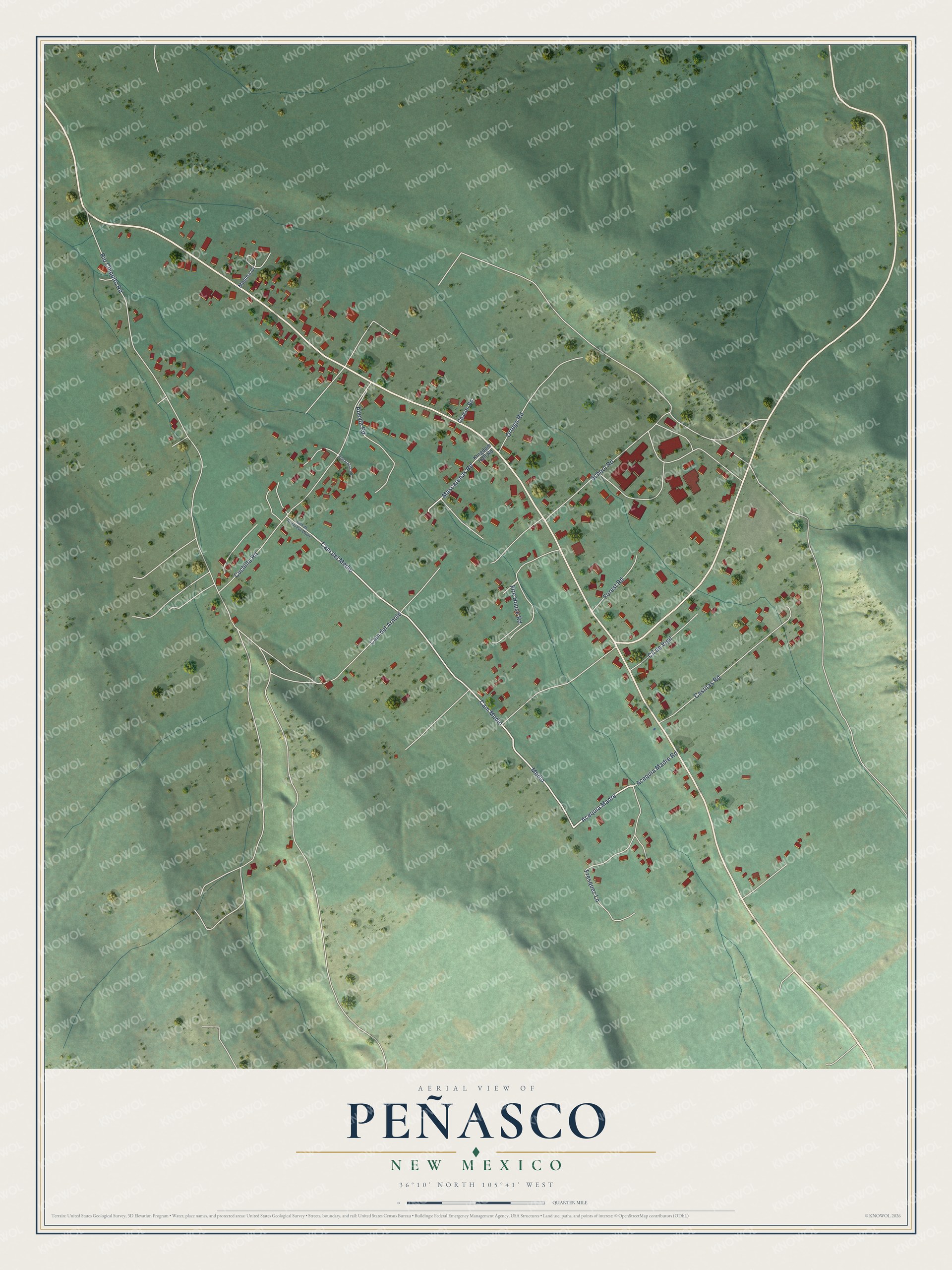 Full map of Peñasco, New Mexico, with red buildings, printed street names and the land around them