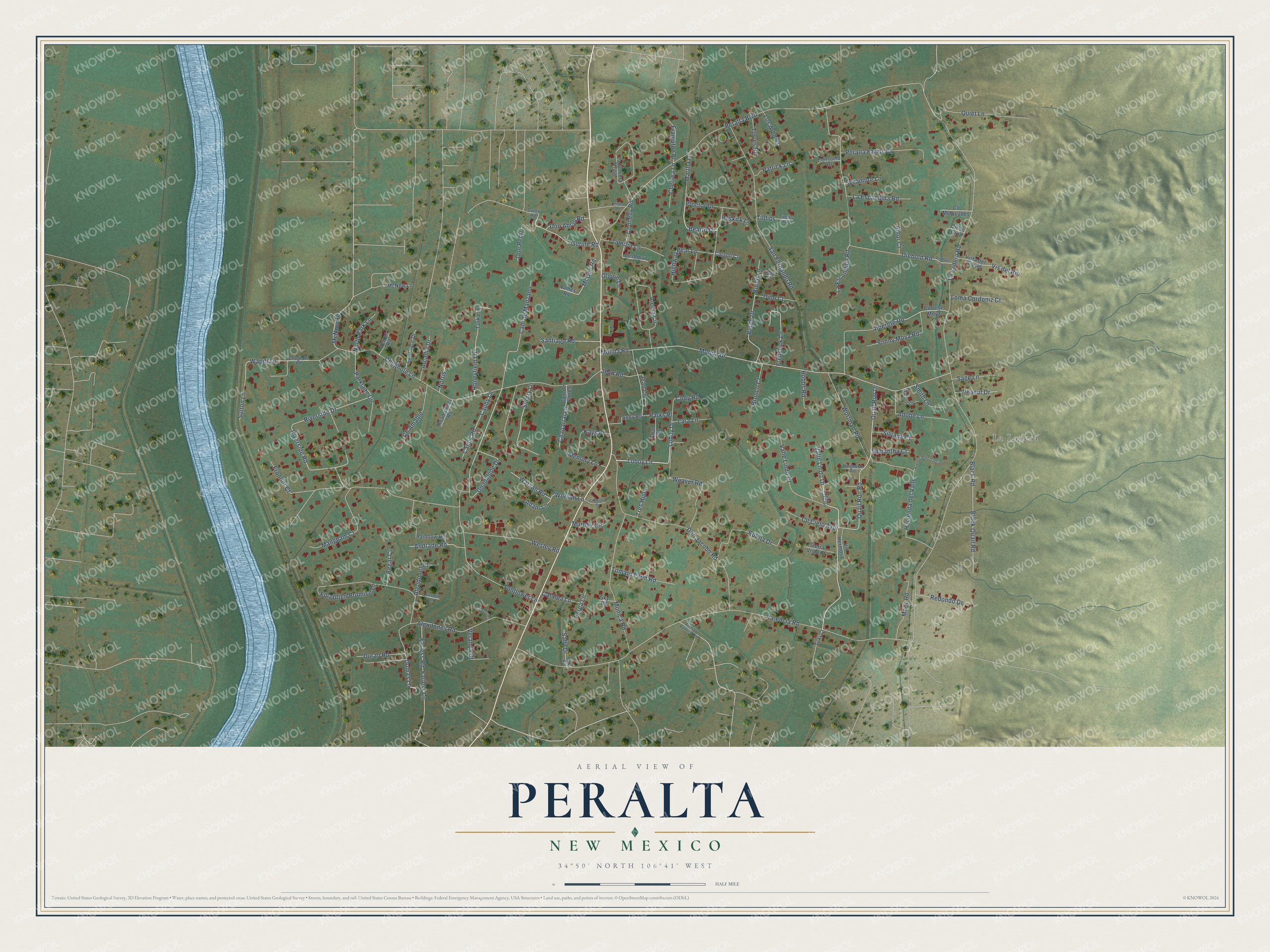 Full map of Peralta, New Mexico, with red buildings, printed street names and the land around them