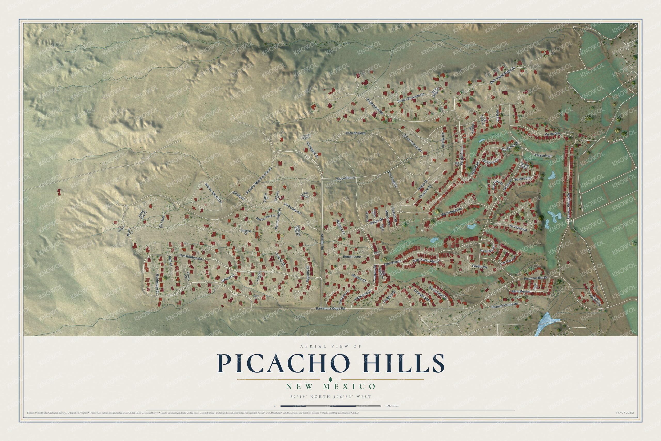 Full map of Picacho Hills, New Mexico, with red buildings, printed street names and the land around them