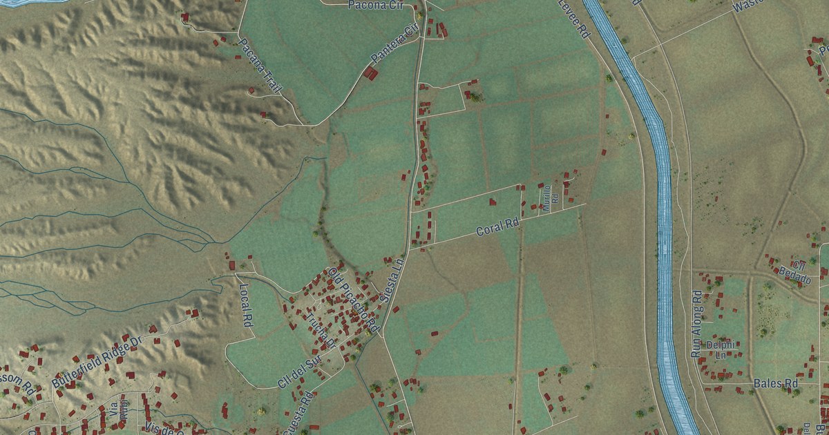 Close-up of streets and buildings in Picacho, New Mexico
