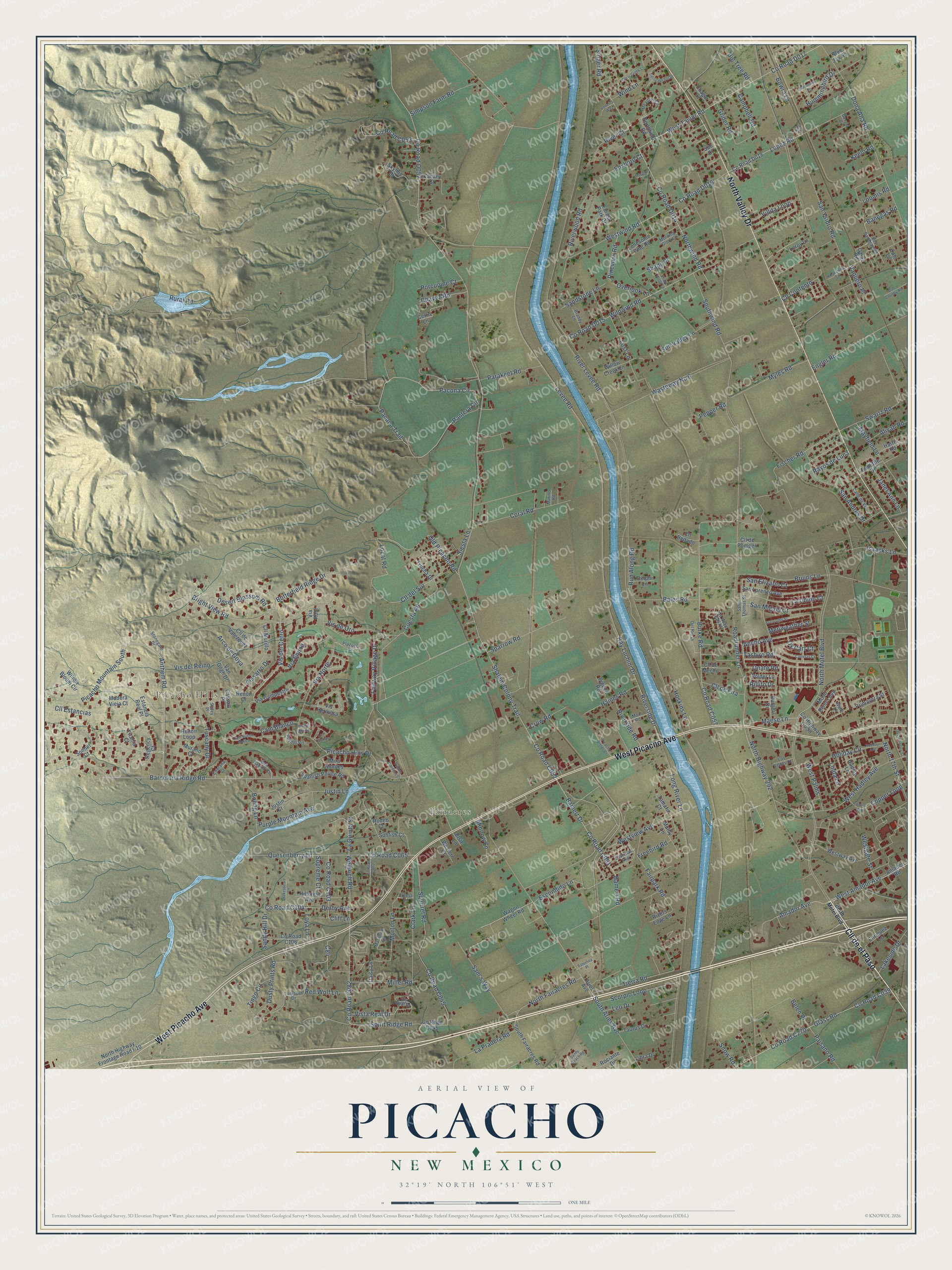 Full map of Picacho, New Mexico, with red buildings, printed street names and the land around them