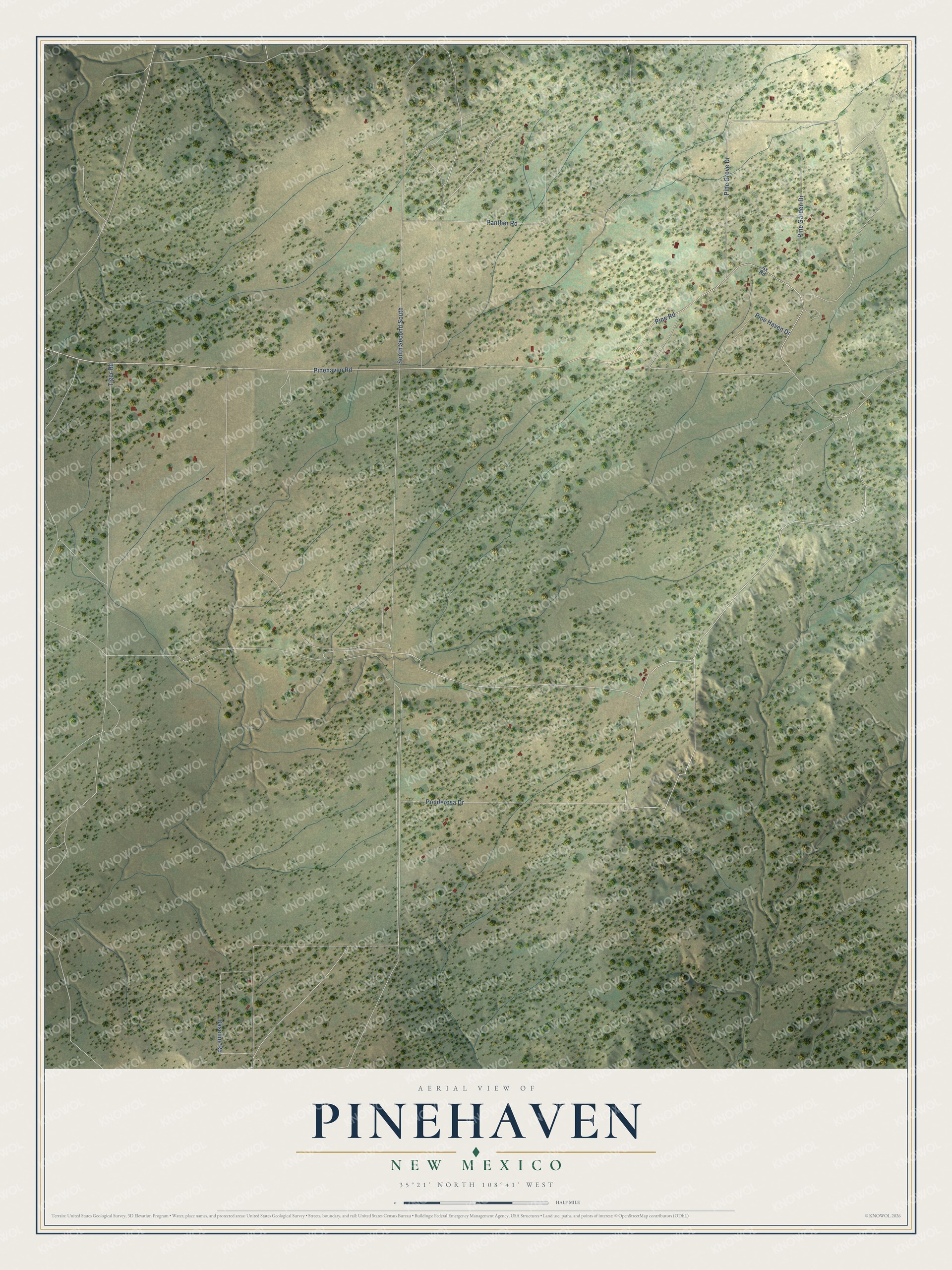 Full map of Pinehaven, New Mexico, with red buildings, printed street names and the land around them