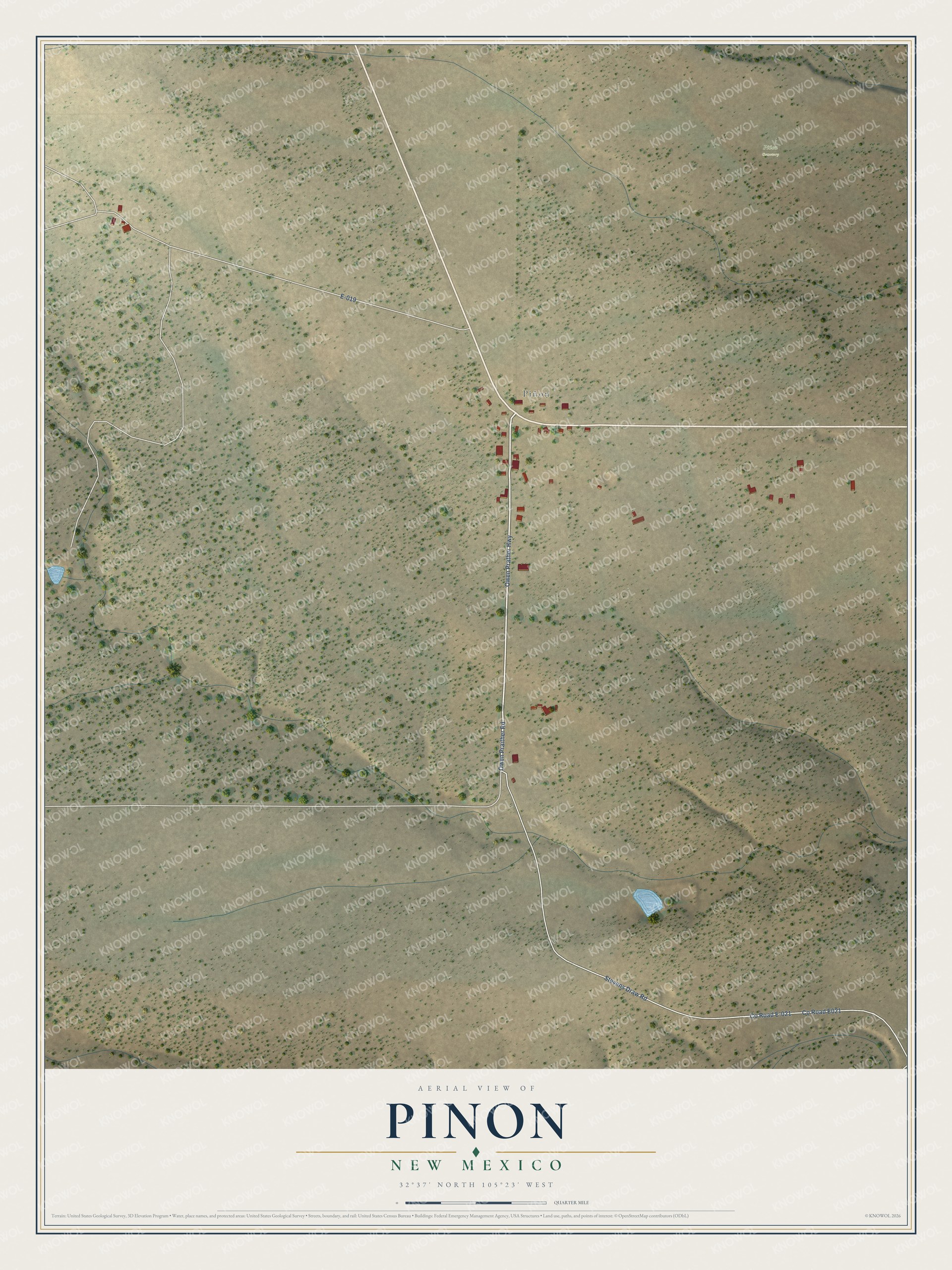 Full map of Pinon, New Mexico, with red buildings, printed street names and the land around them