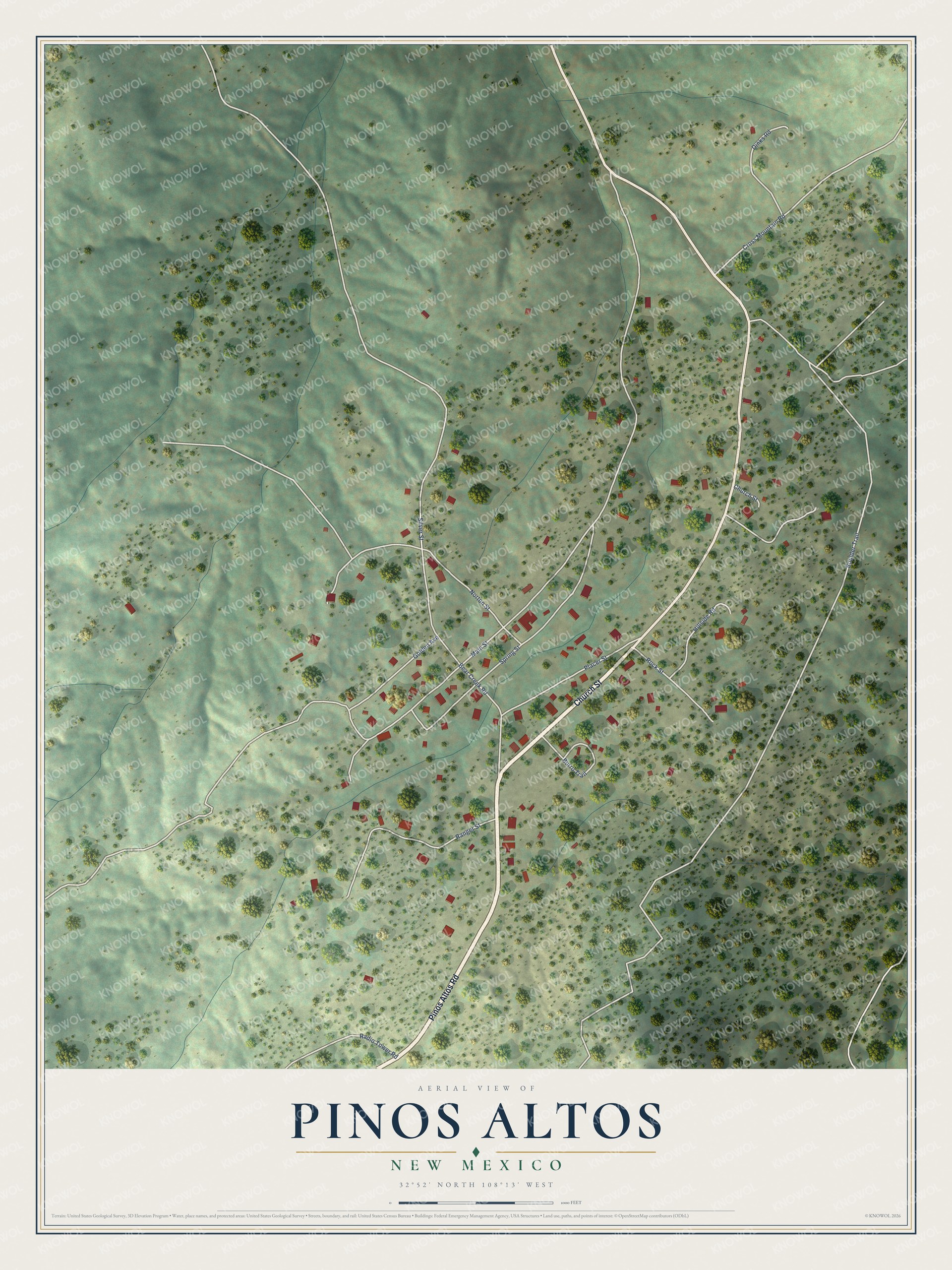 Full map of Pinos Altos, New Mexico, with red buildings, printed street names and the land around them