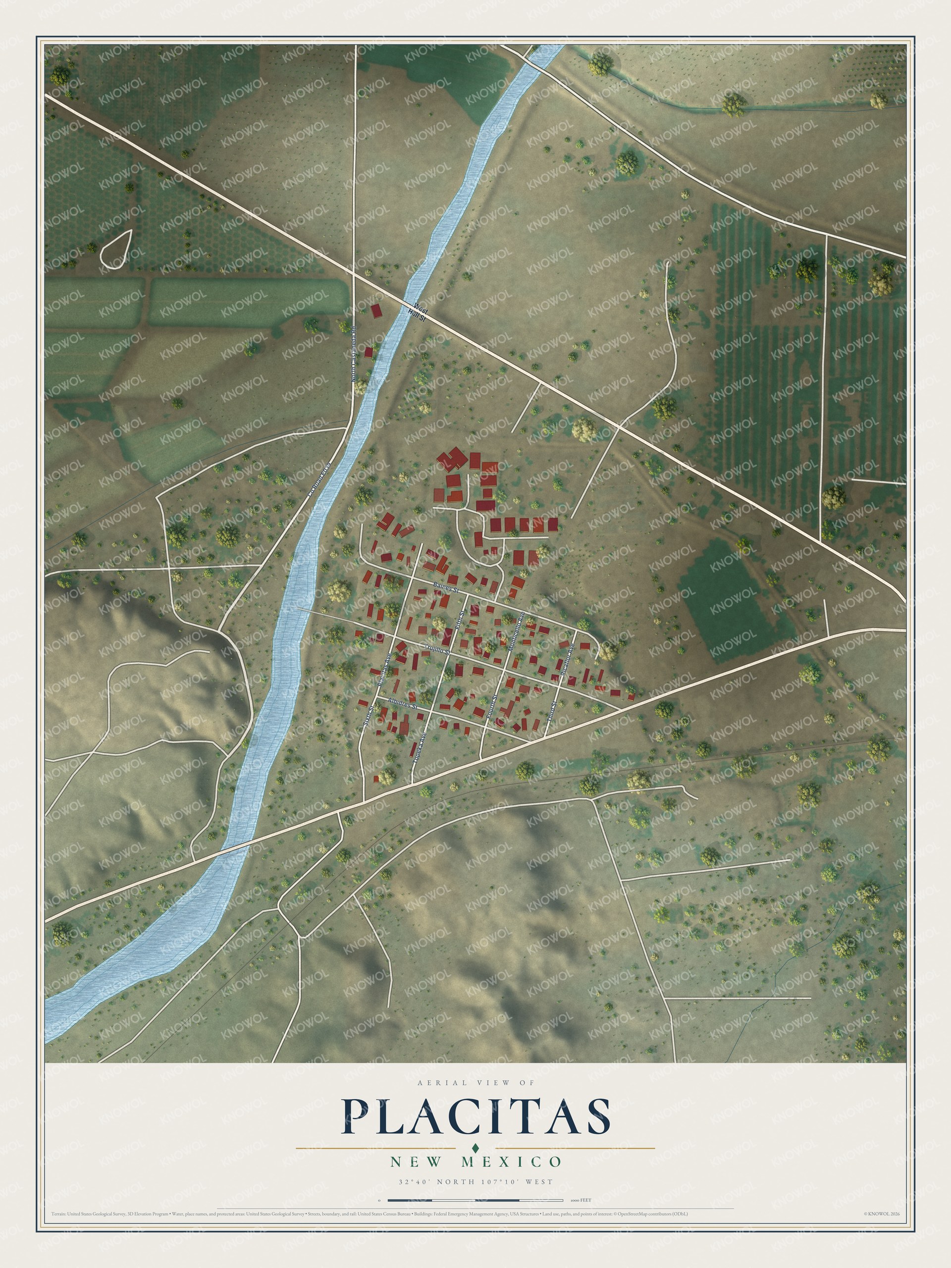 Full map of Placitas, New Mexico, with red buildings, printed street names and the land around them