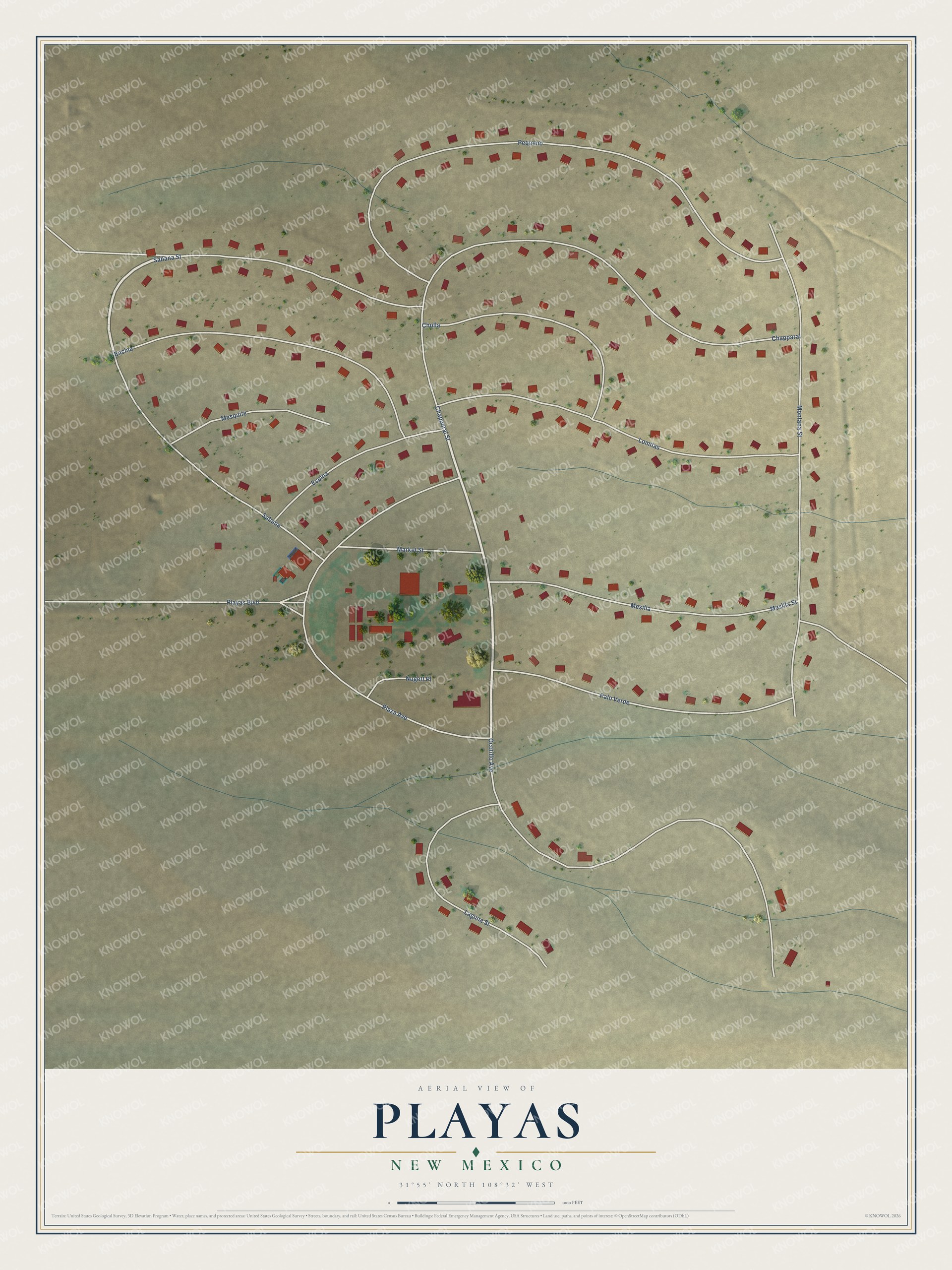 Full map of Playas, New Mexico, with red buildings, printed street names and the land around them