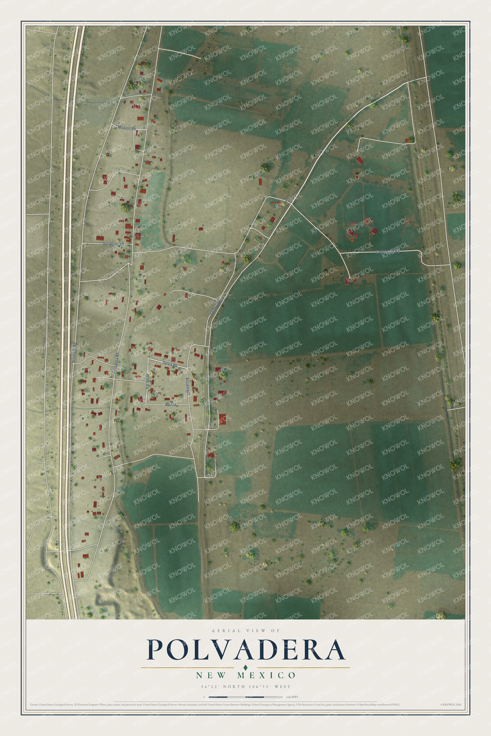Full map of Polvadera, New Mexico, with red buildings, printed street names and the land around them