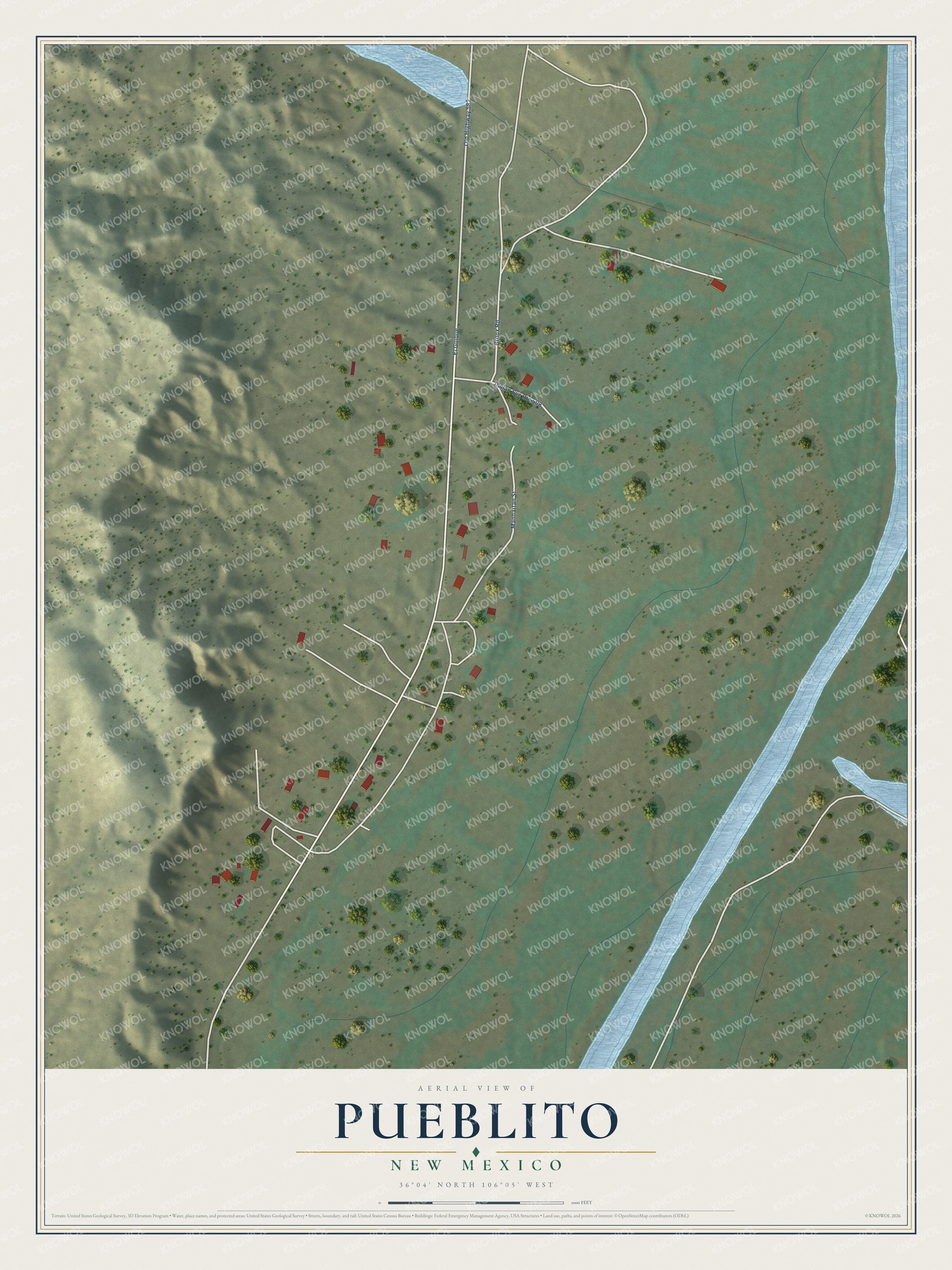 Full map of Pueblito, New Mexico, with red buildings, printed street names and the land around them