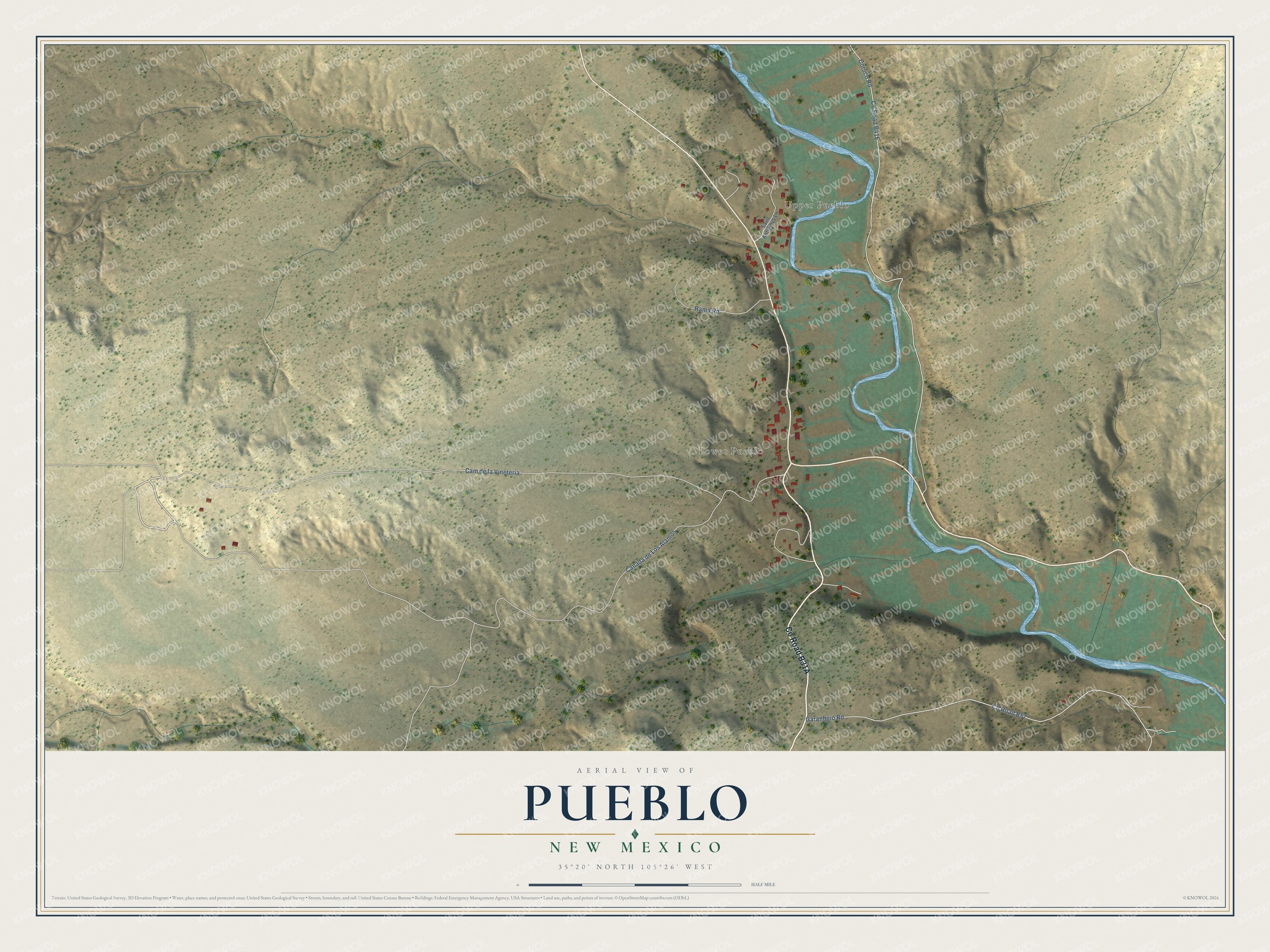 Full map of Pueblo, New Mexico, with red buildings, printed street names and the land around them