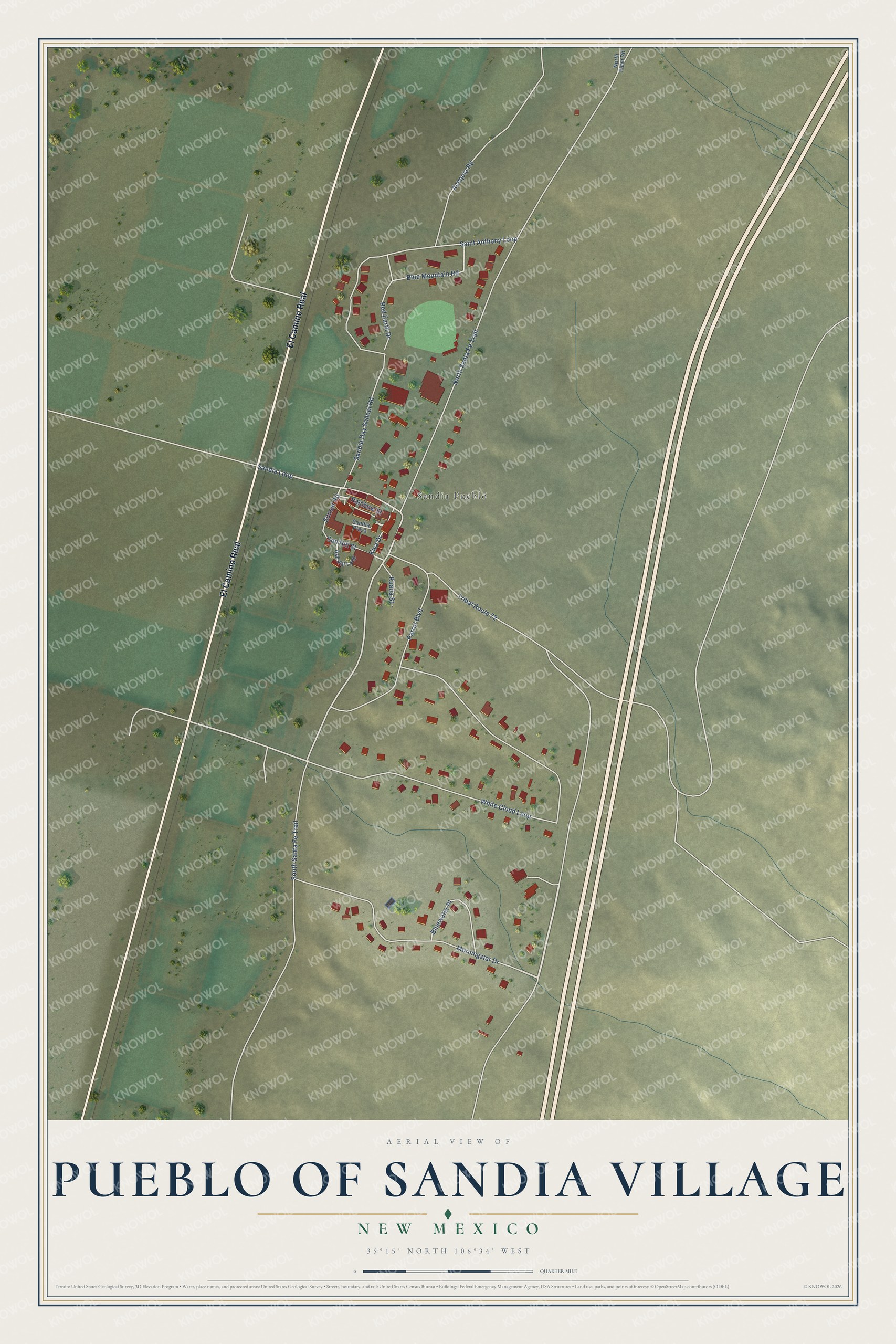 Full map of Pueblo of Sandia Village, New Mexico, with red buildings, printed street names and the land around them