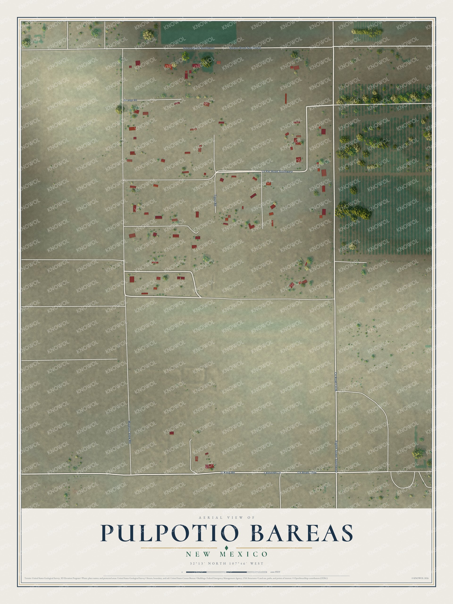 Full map of Pulpotio Bareas, New Mexico, with red buildings, printed street names and the land around them