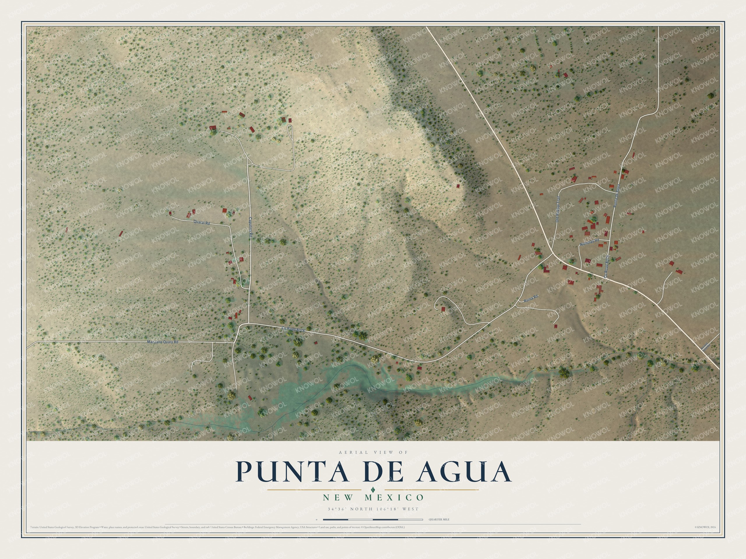 Full map of Punta de Agua, New Mexico, with red buildings, printed street names and the land around them