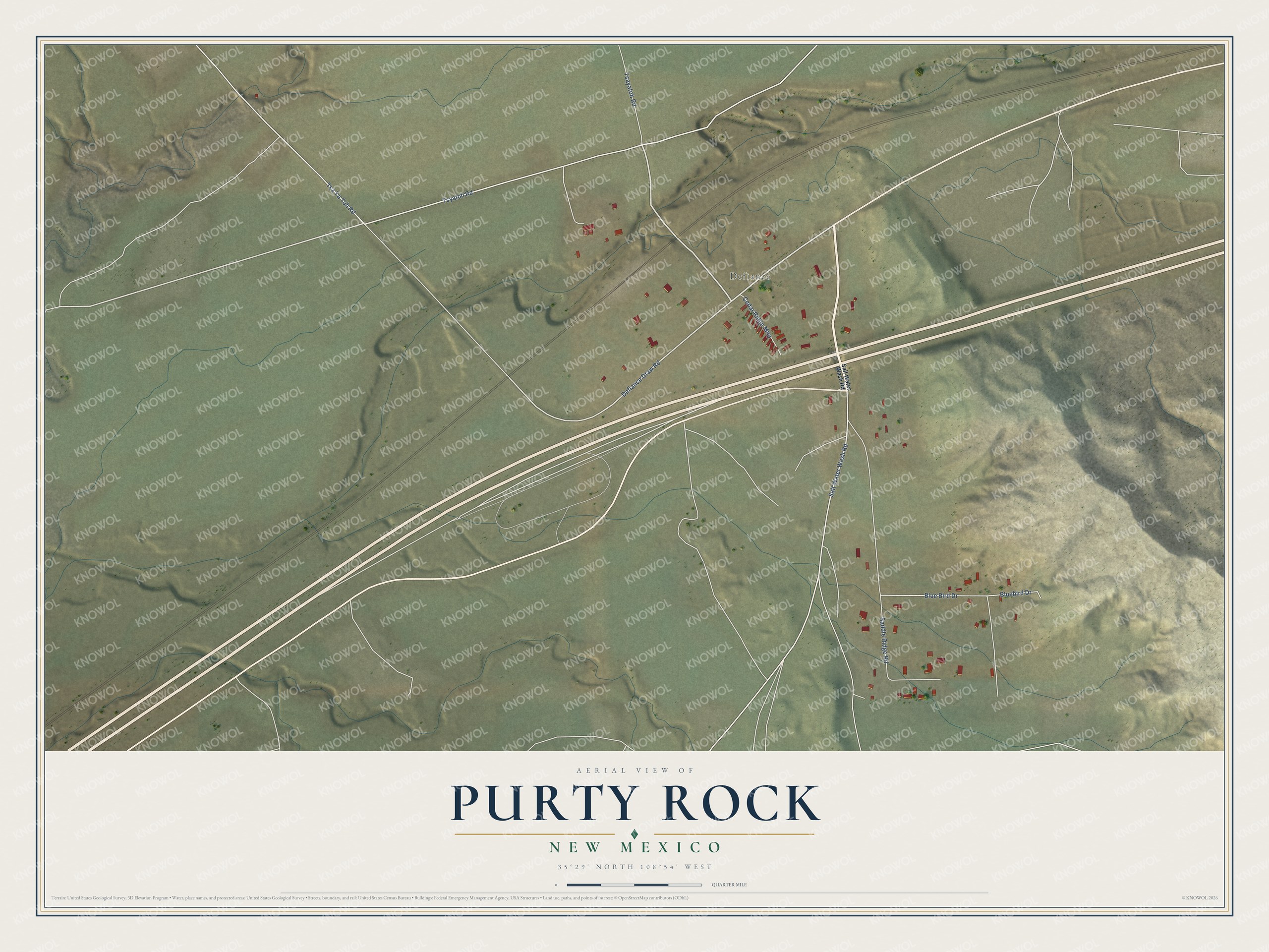 Full map of Purty Rock, New Mexico, with red buildings, printed street names and the land around them