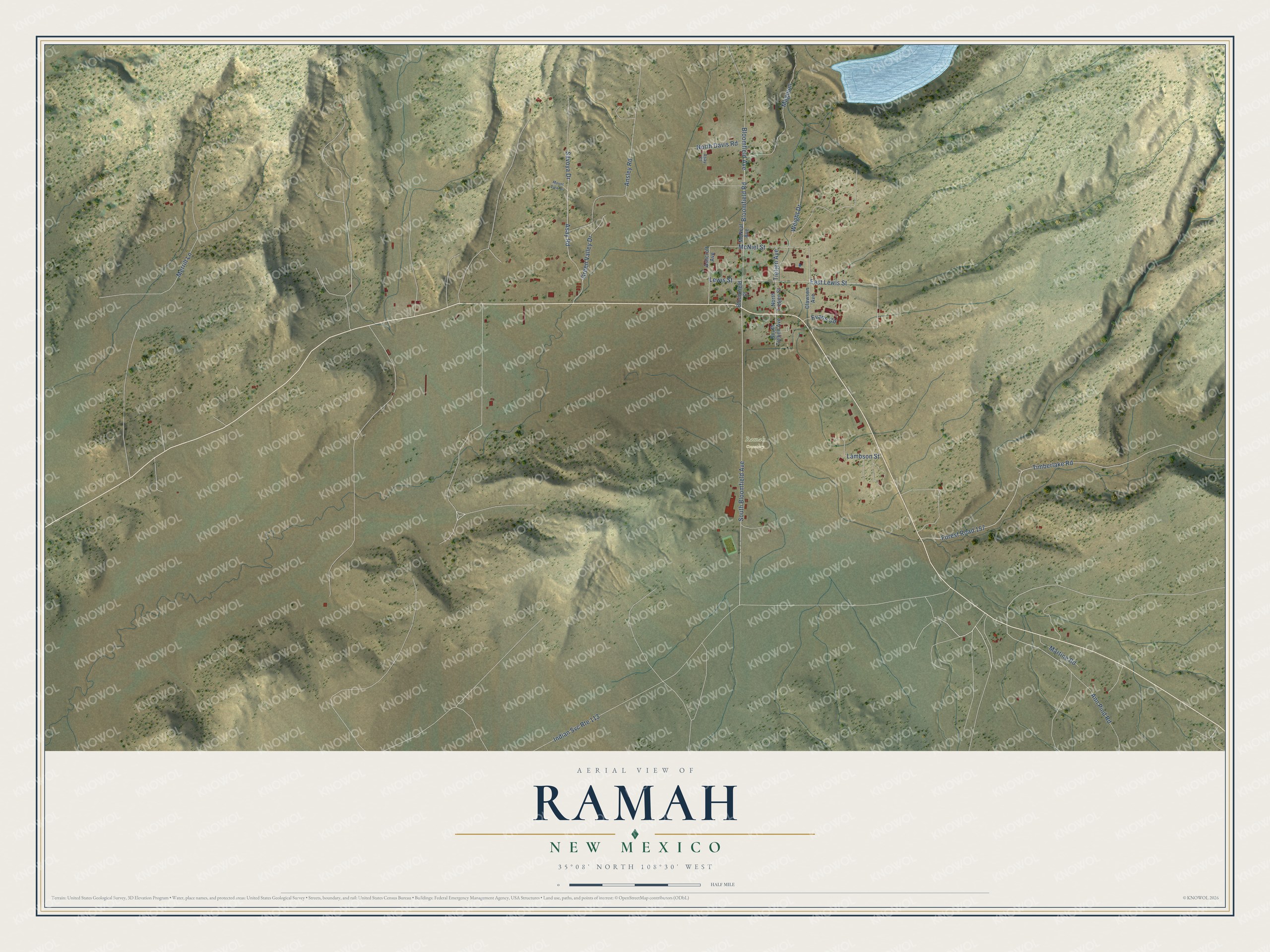 Full map of Ramah, New Mexico, with red buildings, printed street names and the land around them