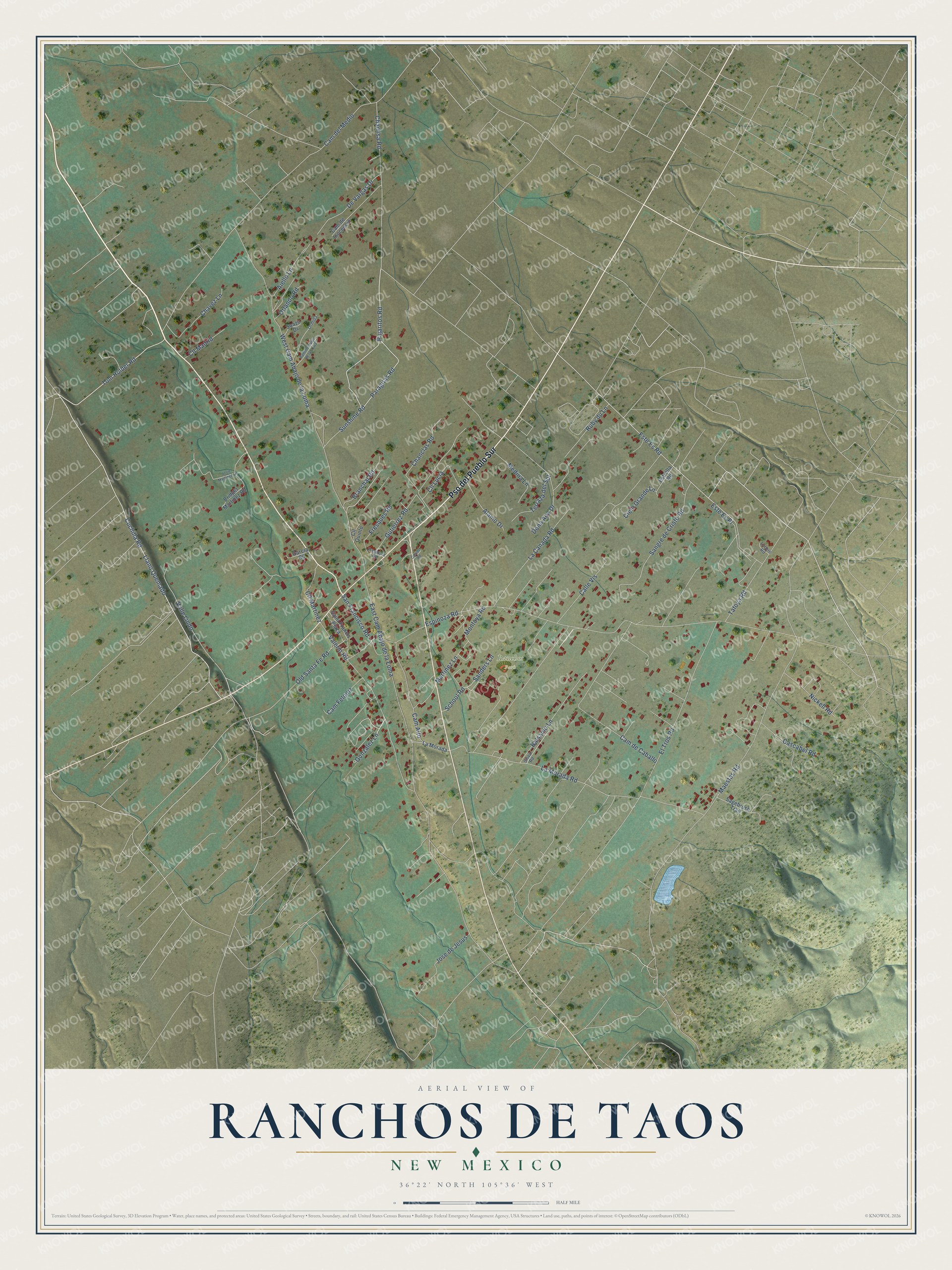 Full map of Ranchos de Taos, New Mexico, with red buildings, printed street names and the land around them